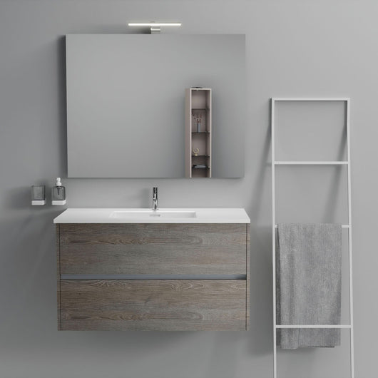 Inda - Mobile bagno 2 cassetti L.100 con lavabo specchio e lampada - Olmo fumè