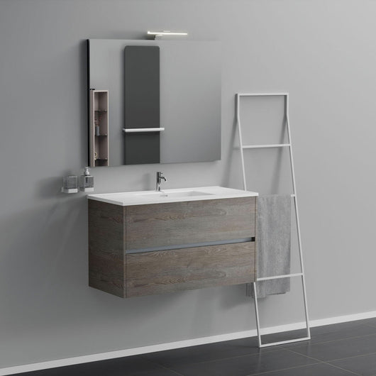 Inda - Mobile bagno 2 cassetti L.100 con lavabo specchio e lampada - Olmo fumè