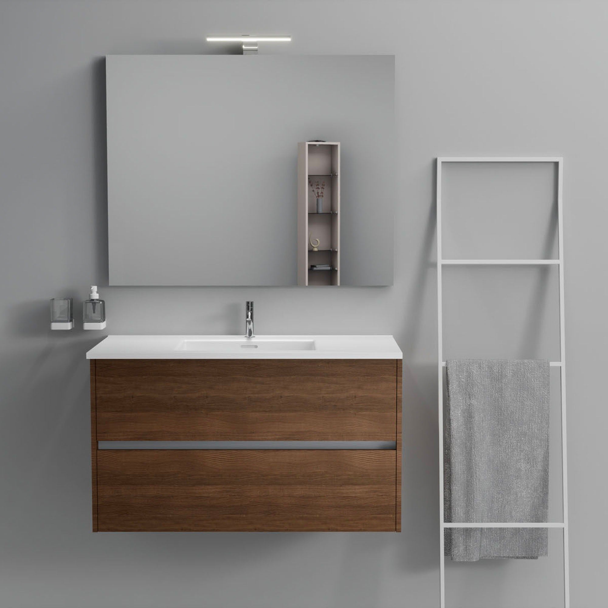 Inda - Mobile bagno 2 cassetti L.100 con lavabo specchio e lampada - Rovere castano
