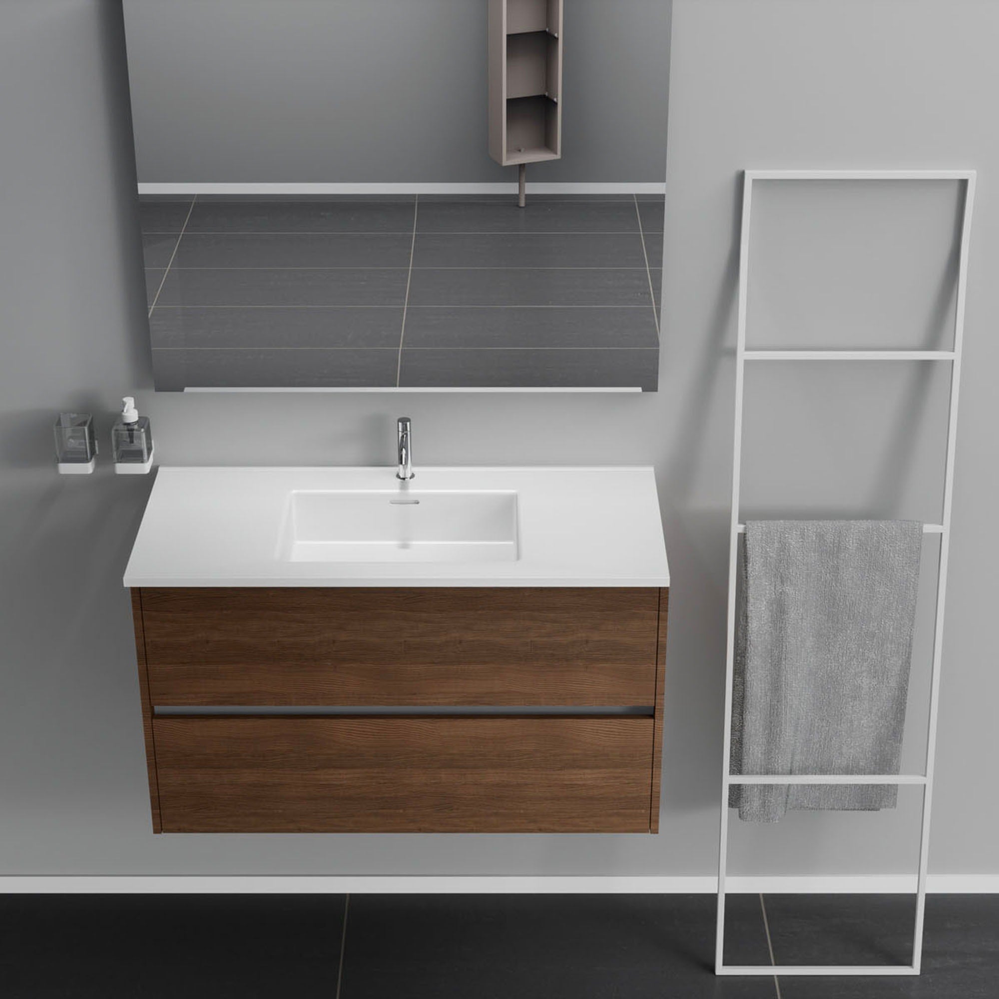 Inda - Mobile bagno 2 cassetti L.100 con lavabo specchio e lampada - Rovere castano