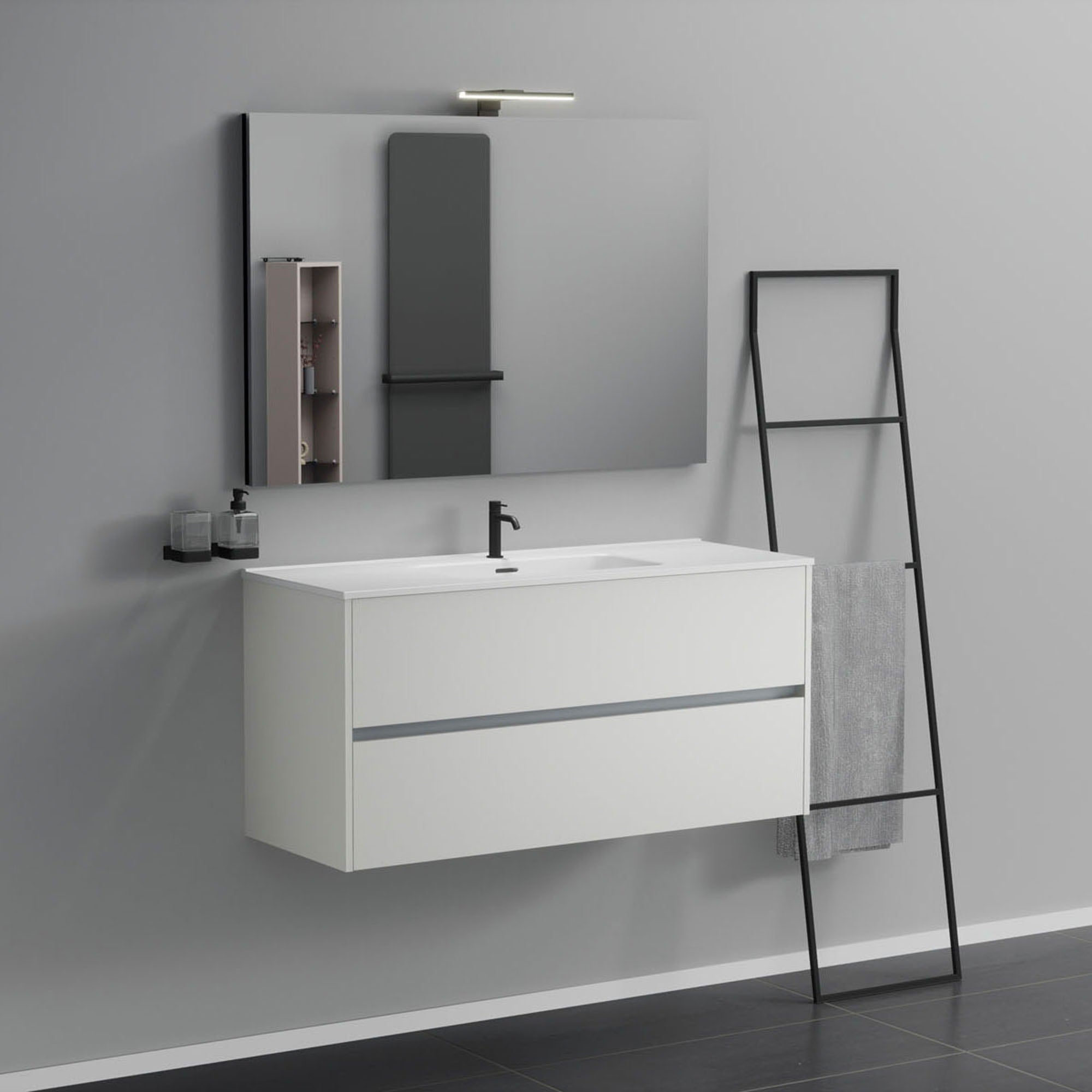Inda - Mobile bagno 2 cassetti L.120 con lavabo specchio e lampada - Bianco opaco