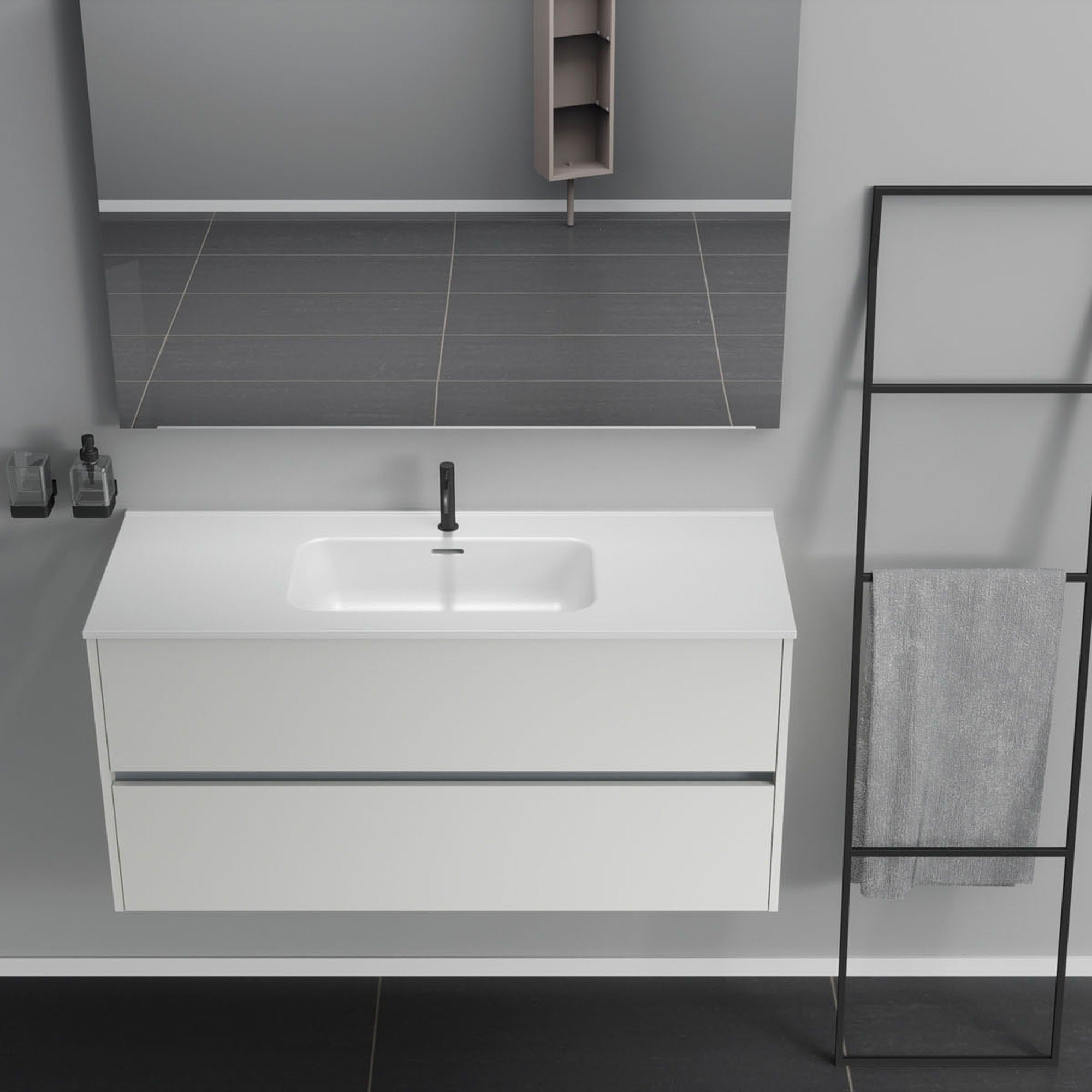 Inda - Mobile bagno 2 cassetti L.120 con lavabo specchio e lampada - Bianco opaco