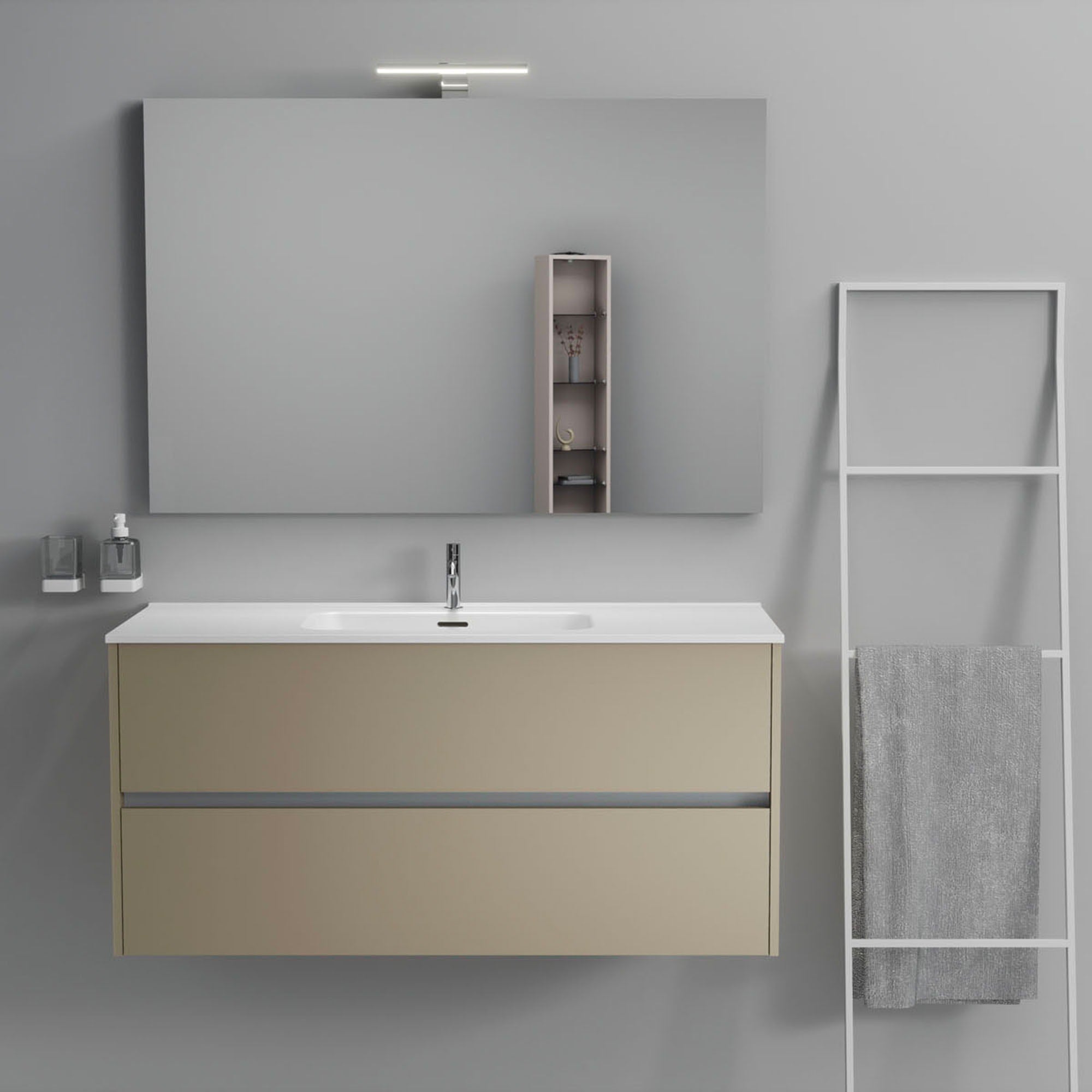 Inda - Mobile bagno 2 cassetti L.120 con lavabo specchio e lampada - Terra di luna opaco