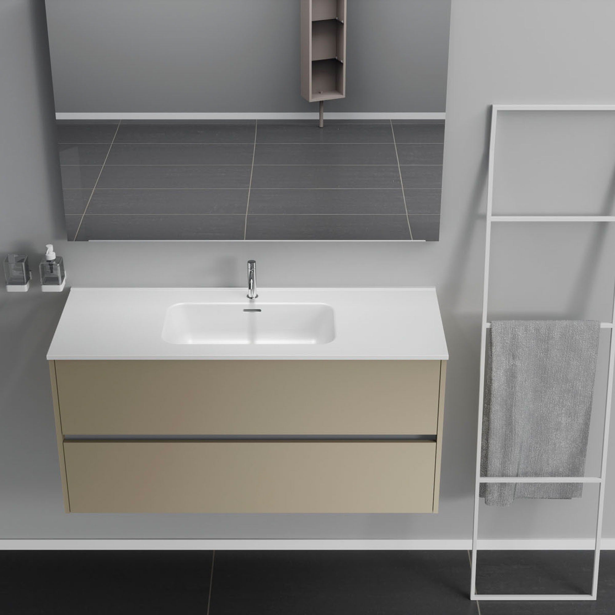 Inda - Mobile bagno 2 cassetti L.120 con lavabo specchio e lampada - Terra di luna opaco