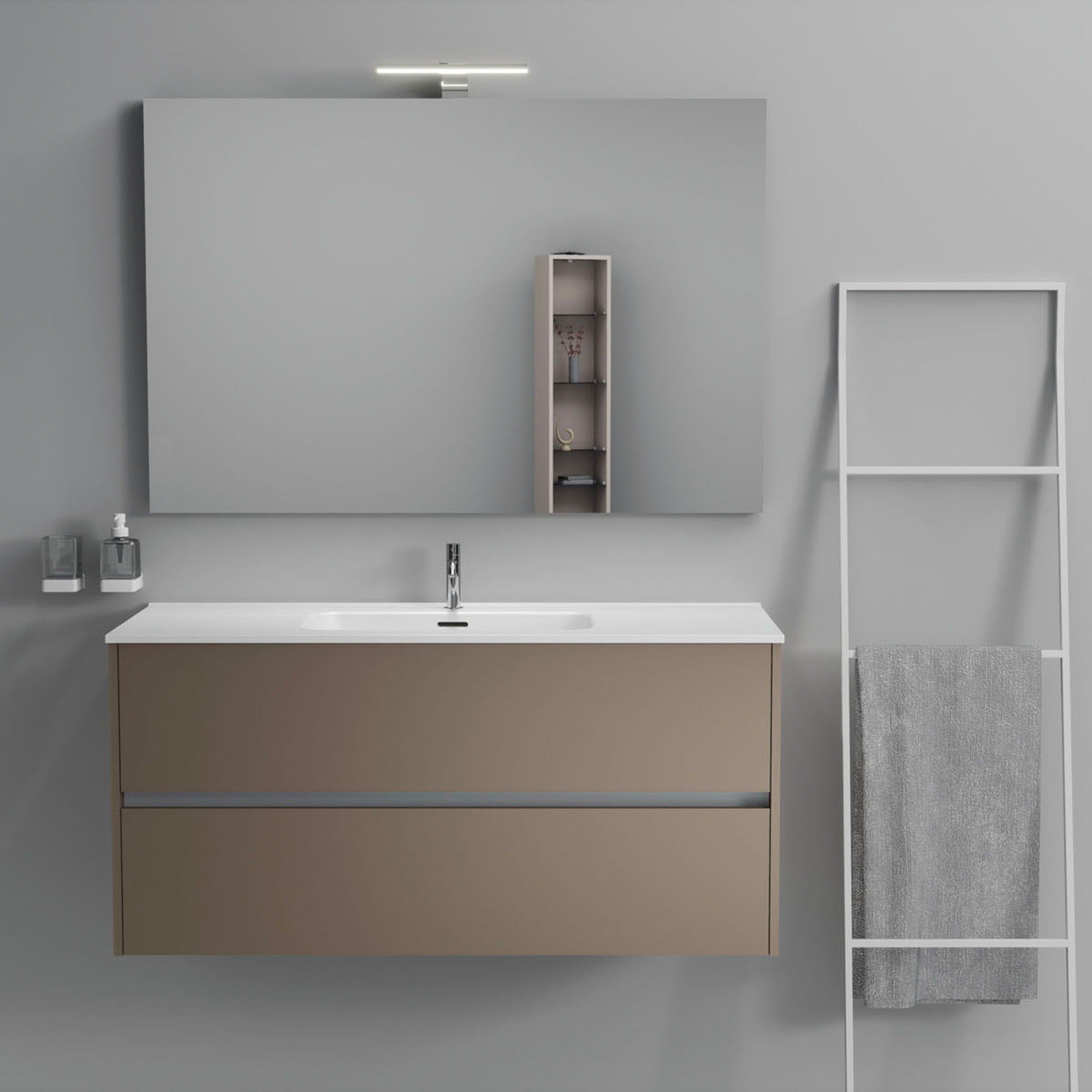 Inda - Mobile bagno 2 cassetti L.120 con lavabo specchio e lampada - Visone opaco