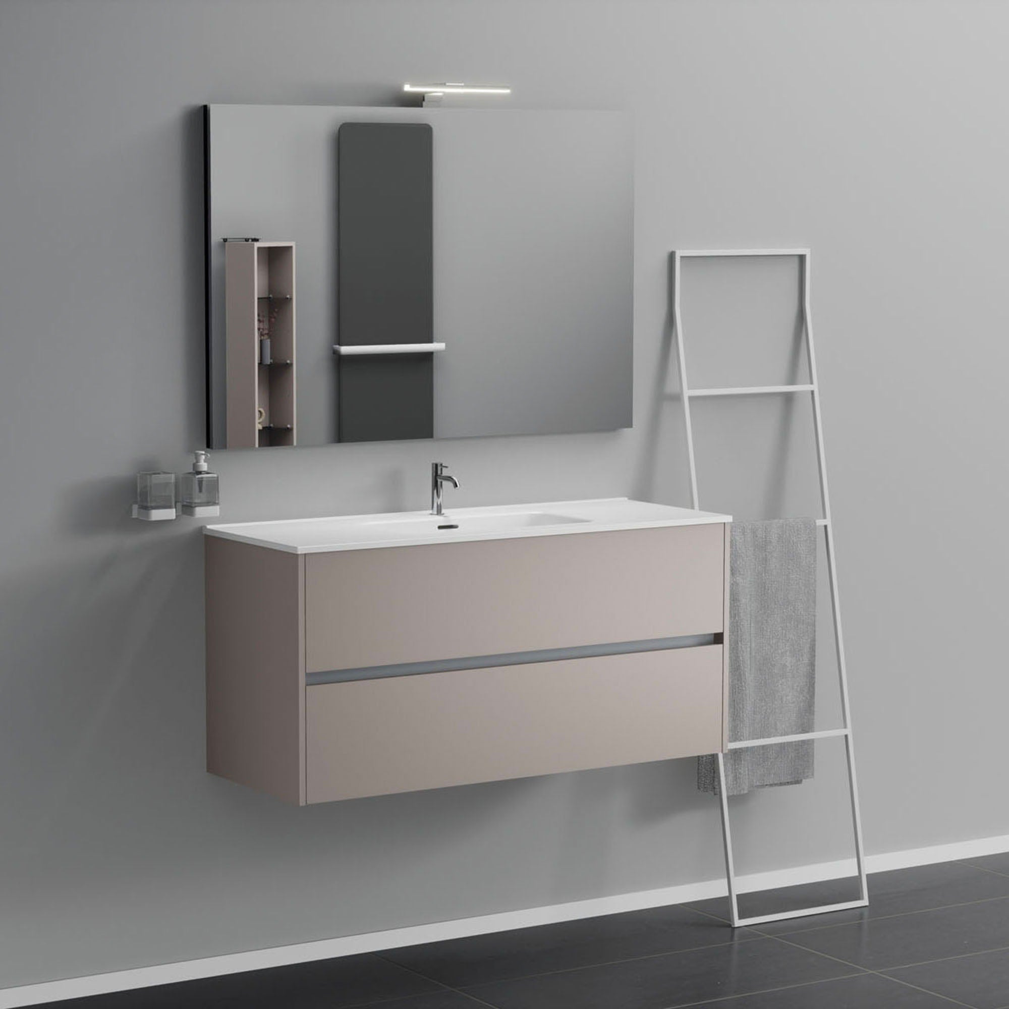 Inda - Mobile bagno 2 cassetti L.120 con lavabo specchio e lampada - Avorio opaco
