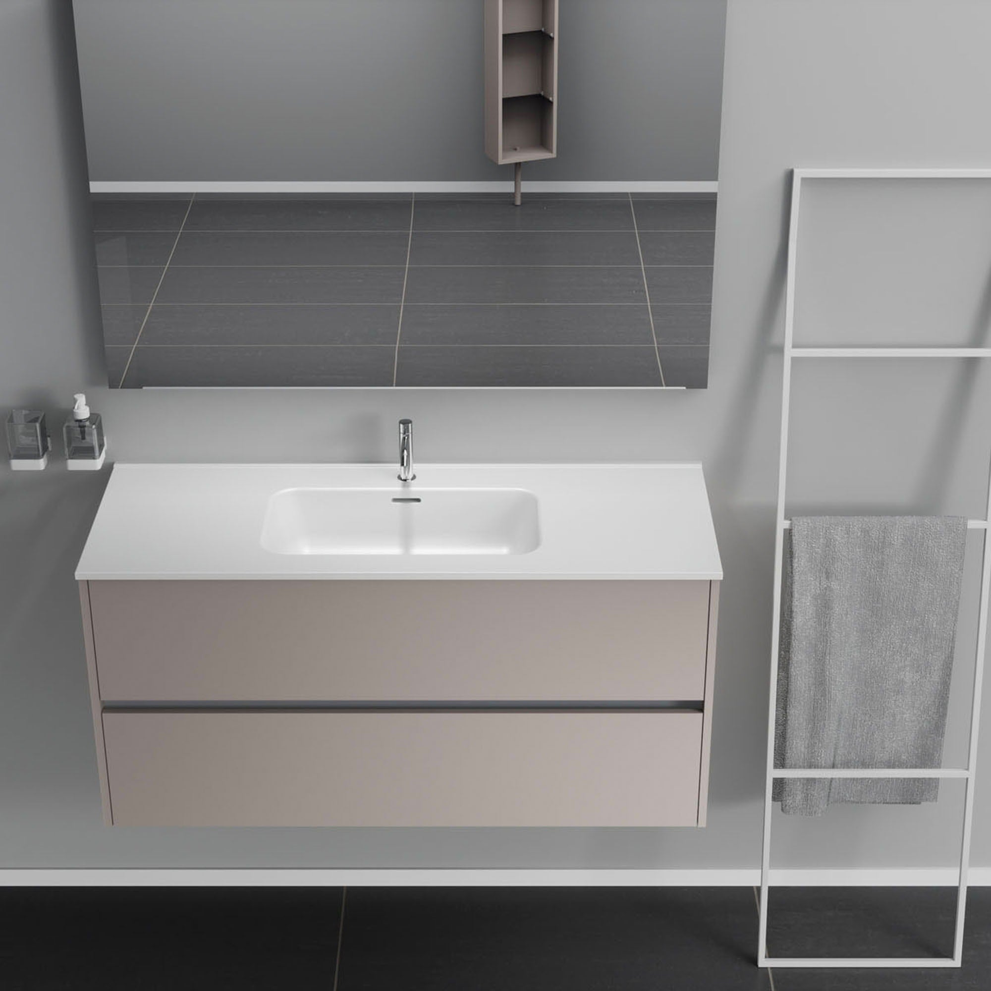 Inda - Mobile bagno 2 cassetti L.120 con lavabo specchio e lampada - Avorio opaco