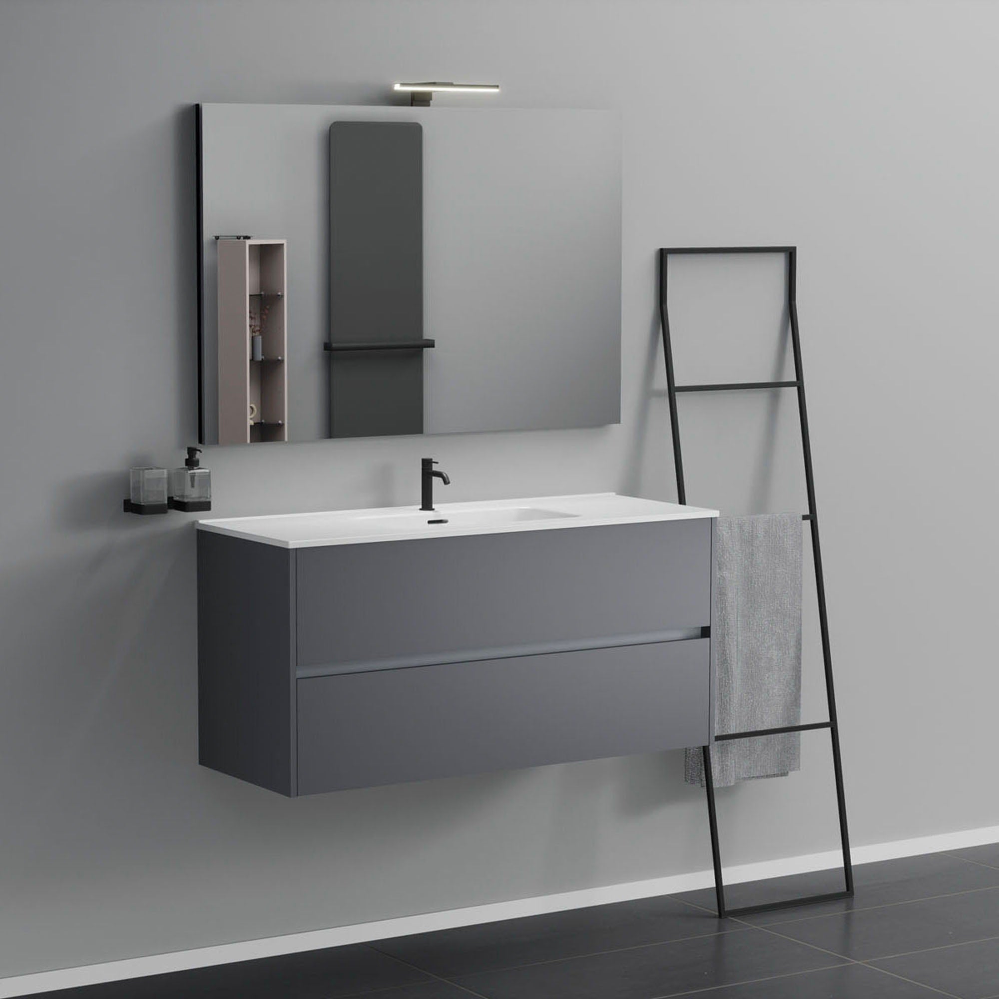 Inda - Mobile bagno 2 cassetti L.120 con lavabo specchio e lampada - Titanio opaco