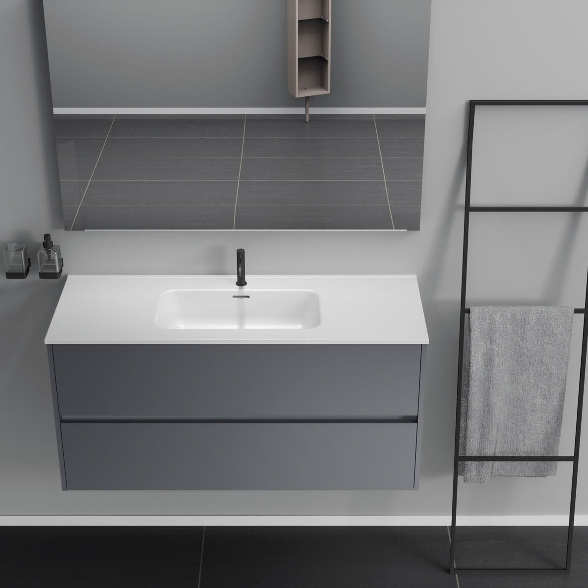 Inda - Mobile bagno 2 cassetti L.120 con lavabo specchio e lampada - Titanio opaco