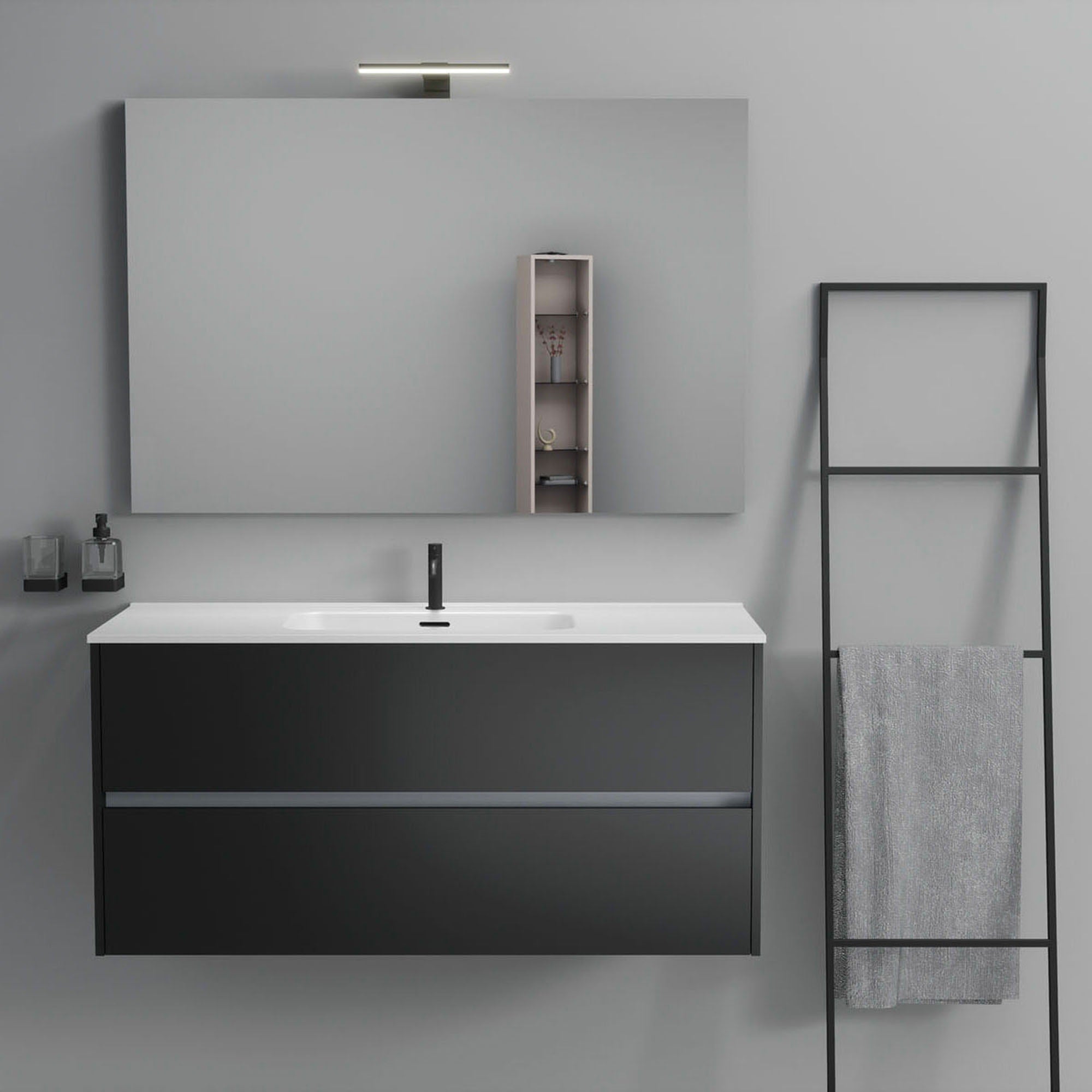 Inda - Mobile bagno 2 cassetti L.120 con lavabo specchio e lampada - Nero opaco