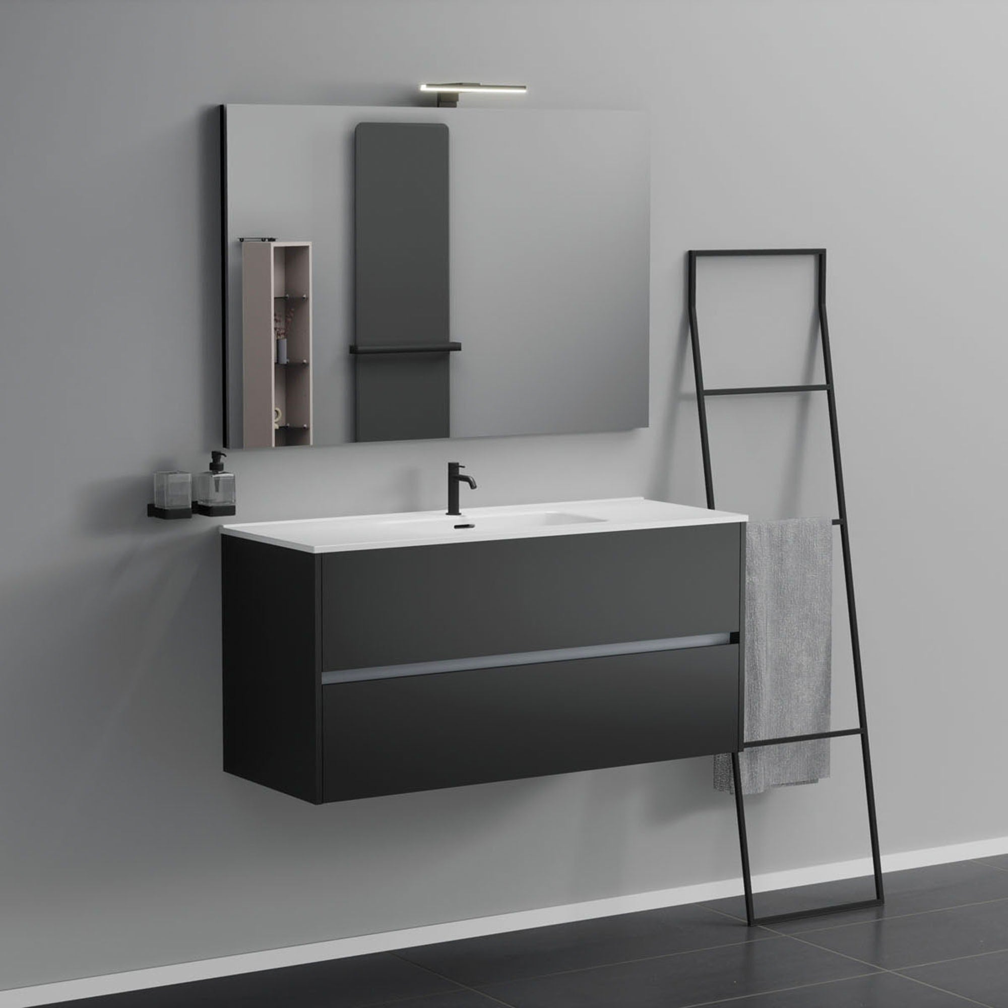 Inda - Mobile bagno 2 cassetti L.120 con lavabo specchio e lampada - Nero opaco