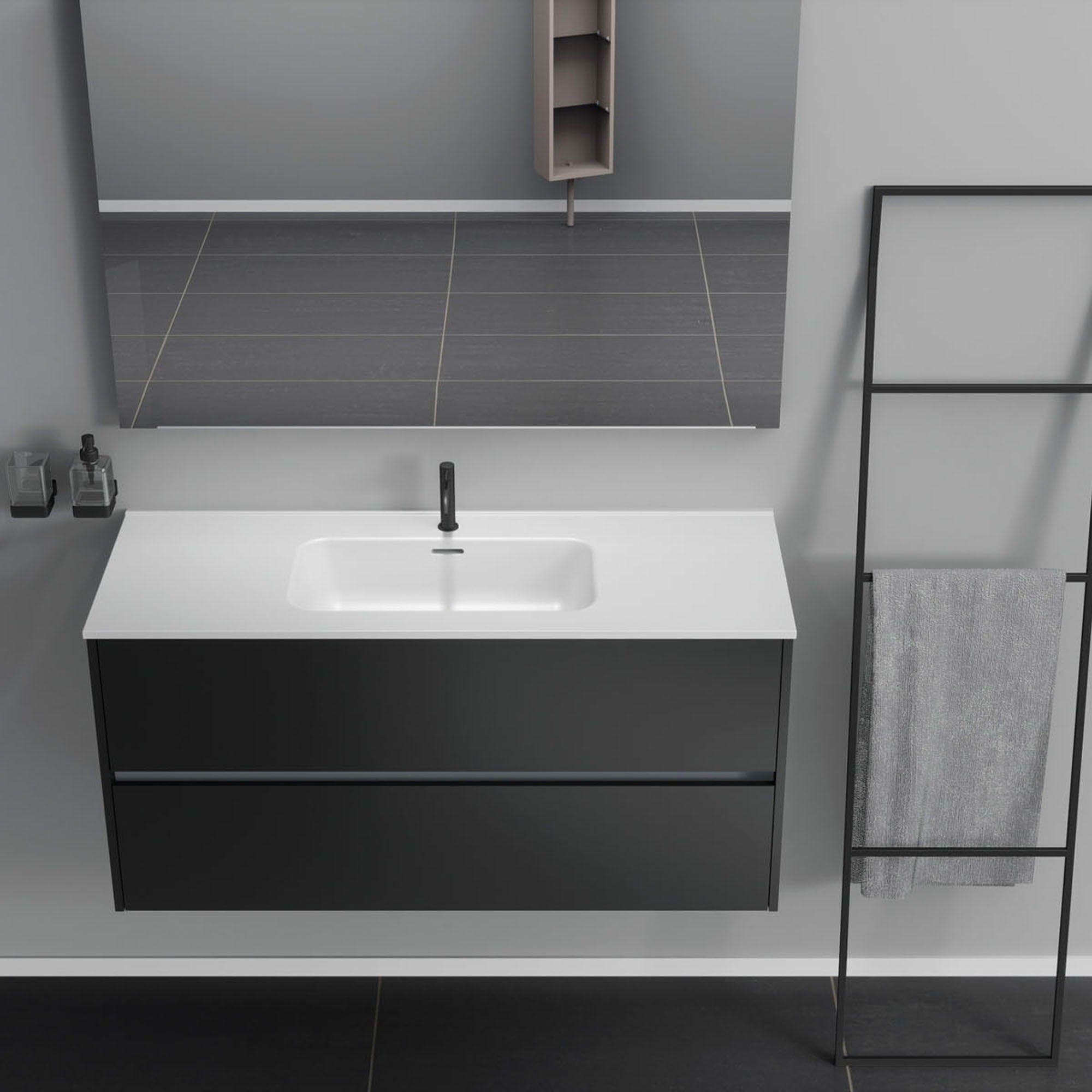 Inda - Mobile bagno 2 cassetti L.120 con lavabo specchio e lampada - Nero opaco