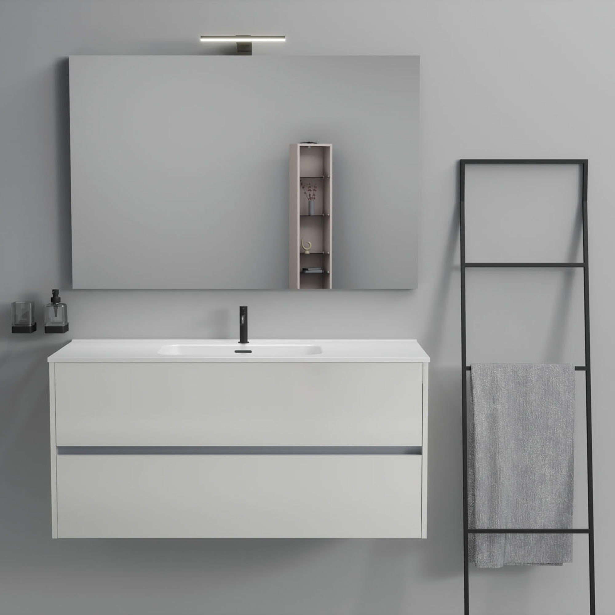 Inda - Mobile bagno 2 cassetti L.120 con lavabo specchio e lampada - Bianco lucido