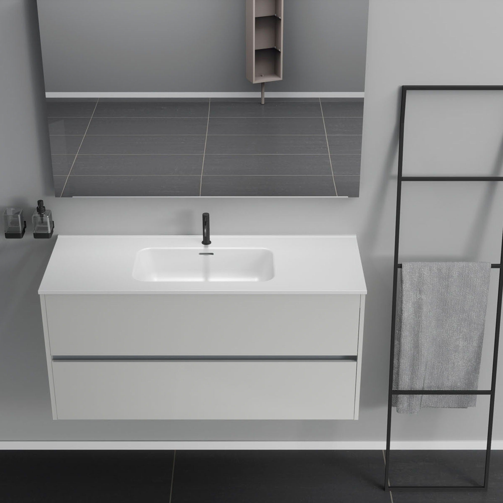 Inda - Mobile bagno 2 cassetti L.120 con lavabo specchio e lampada - Bianco lucido