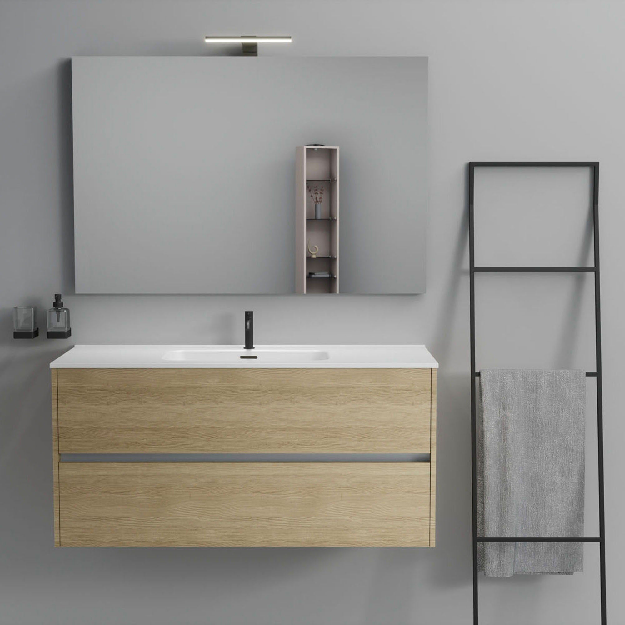 Inda - Mobile bagno 2 cassetti L.120 con lavabo specchio e lampada - Rovere naturale