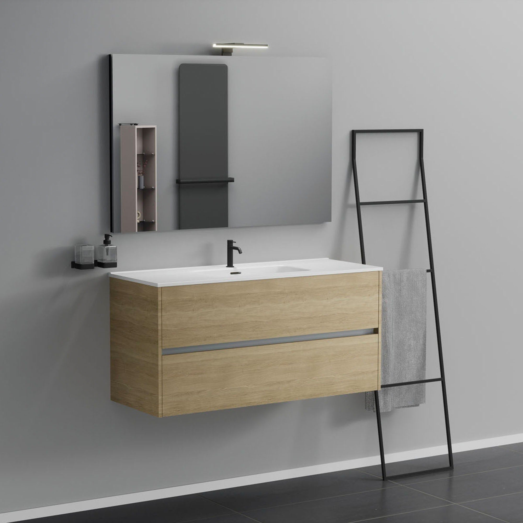 Inda - Mobile bagno 2 cassetti L.120 con lavabo specchio e lampada - Rovere naturale