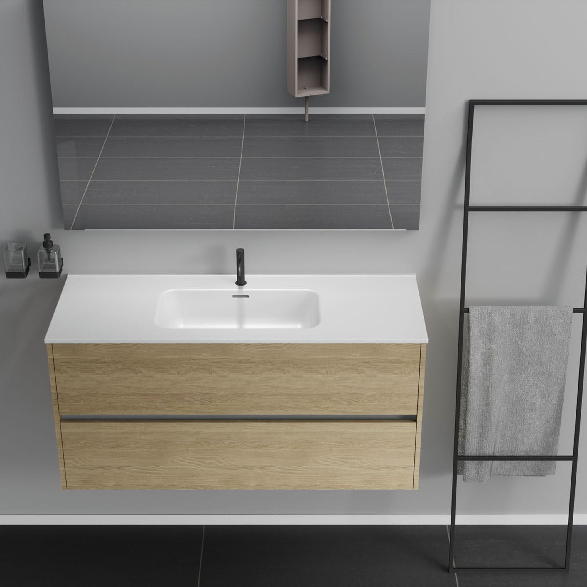 Inda - Mobile bagno 2 cassetti L.120 con lavabo specchio e lampada - Rovere naturale