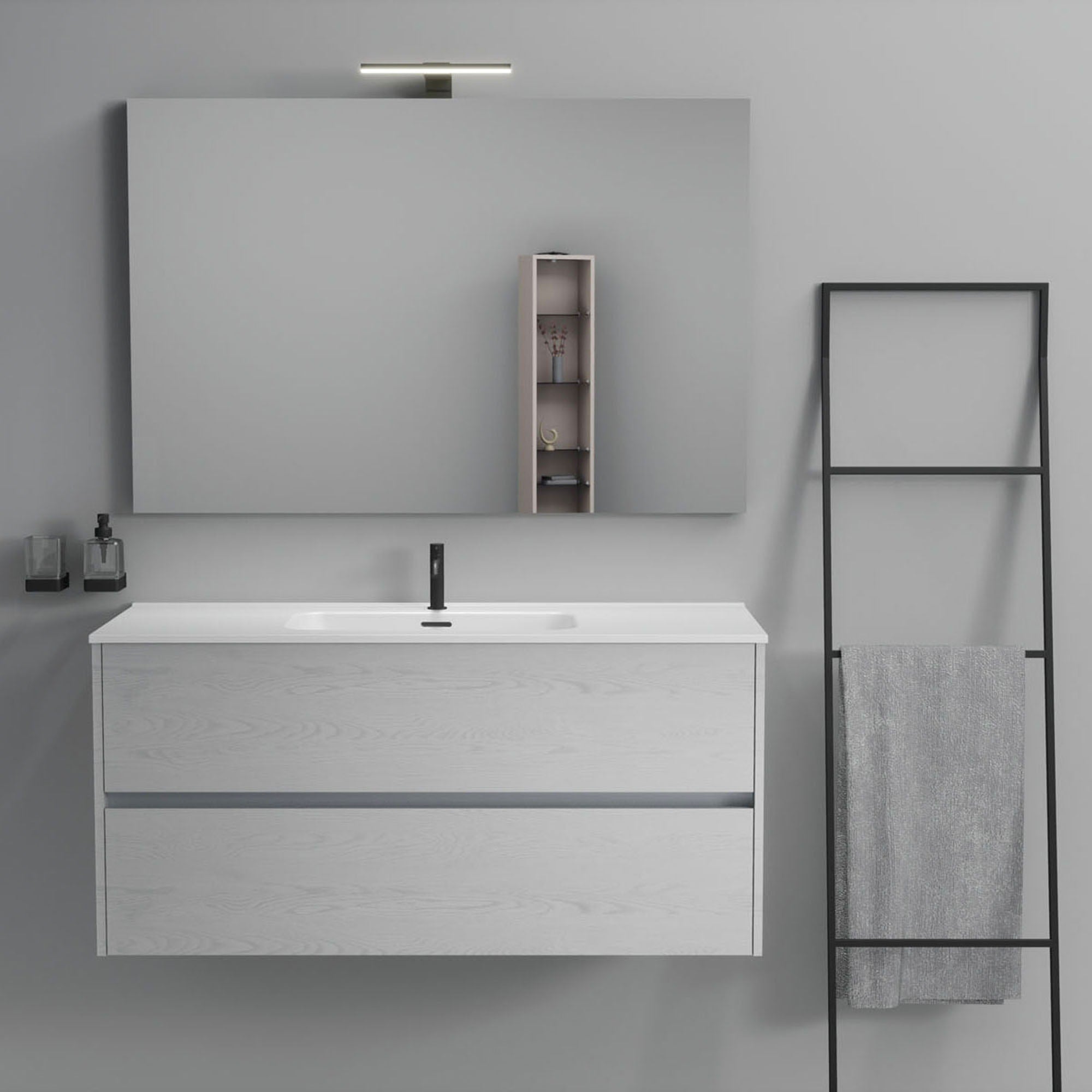 Inda - Mobile bagno 2 cassetti L.120 con lavabo specchio e lampada - Olmo fumè