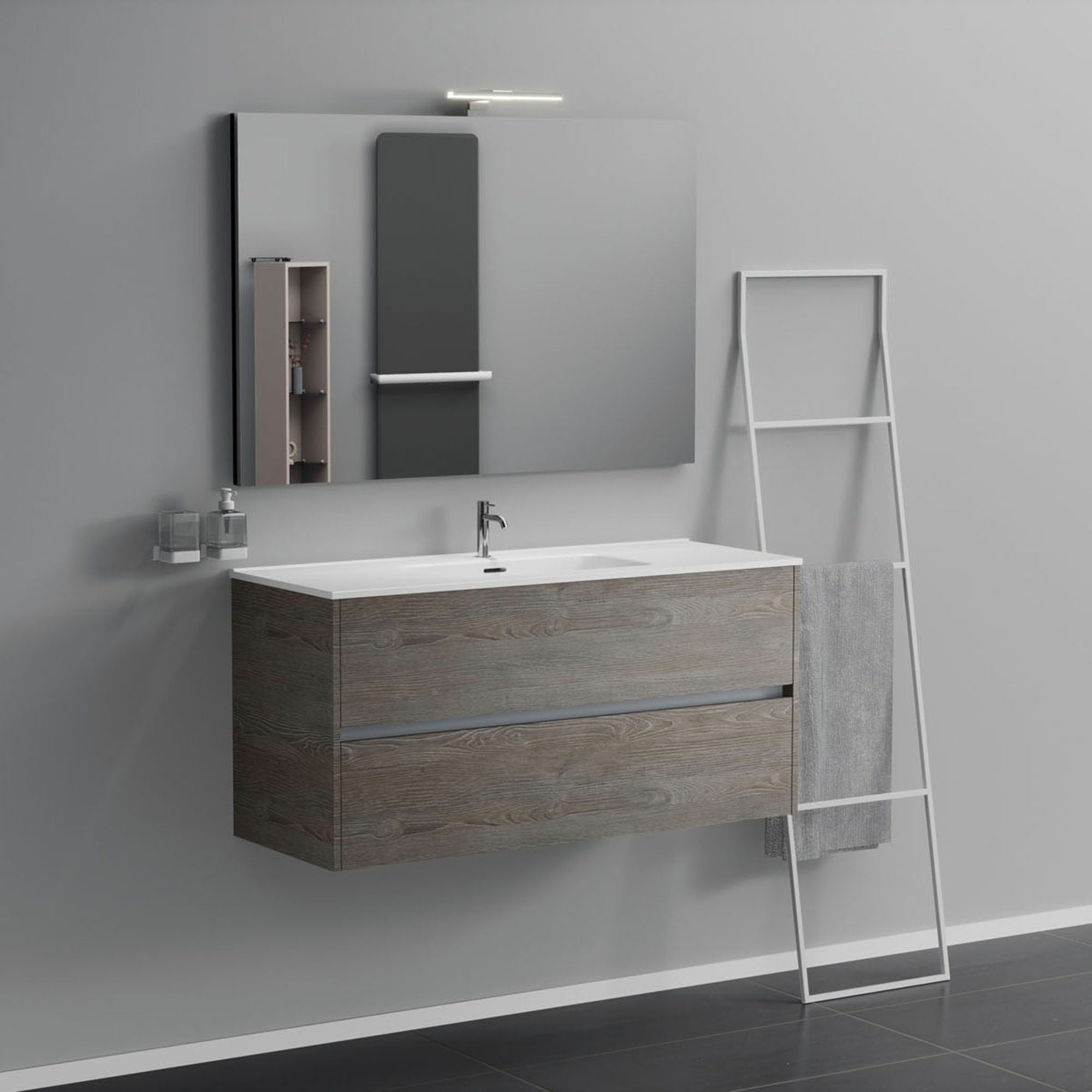 Inda - Mobile bagno 2 cassetti L.120 con lavabo specchio e lampada - Olmo fumè