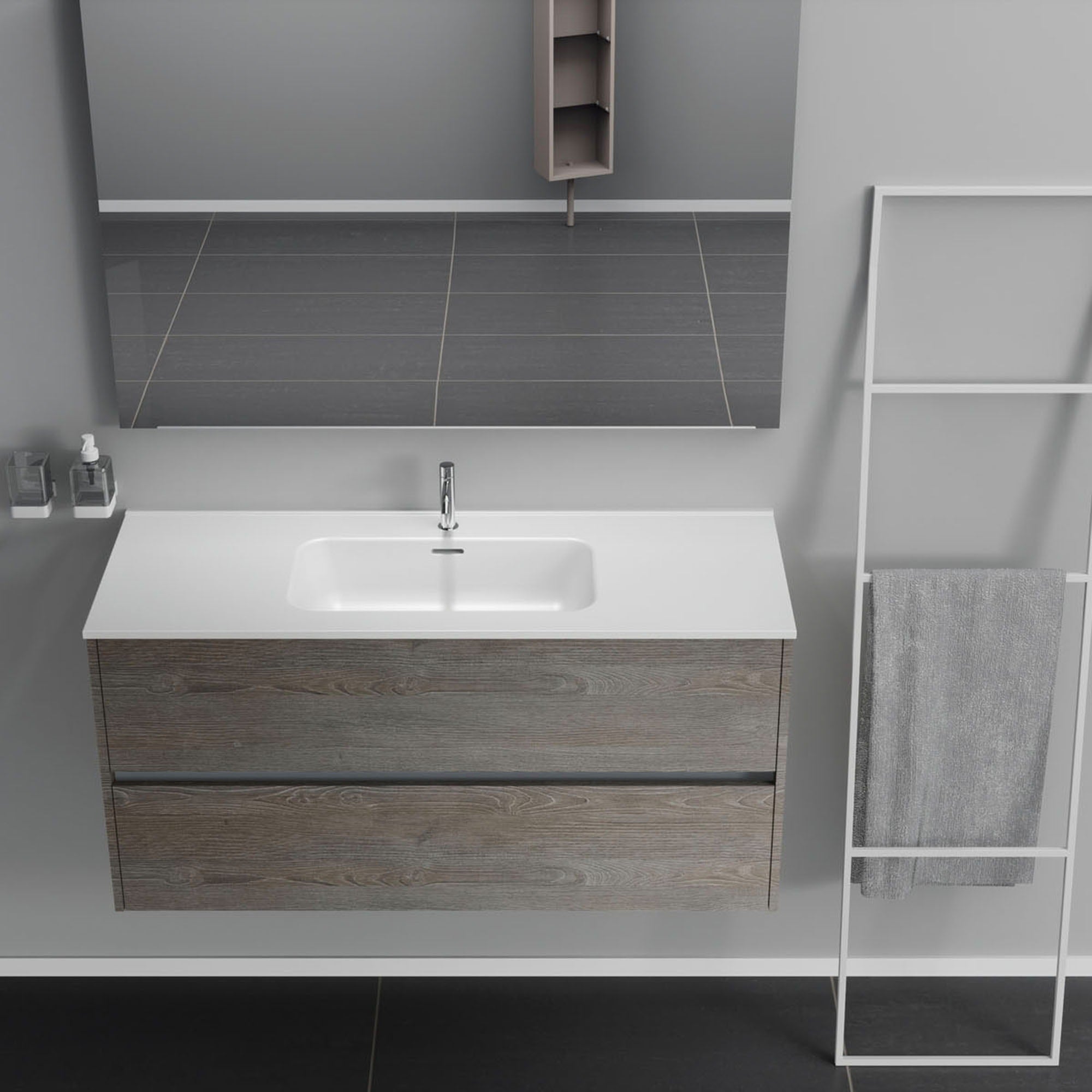 Inda - Mobile bagno 2 cassetti L.120 con lavabo specchio e lampada - Olmo fumè