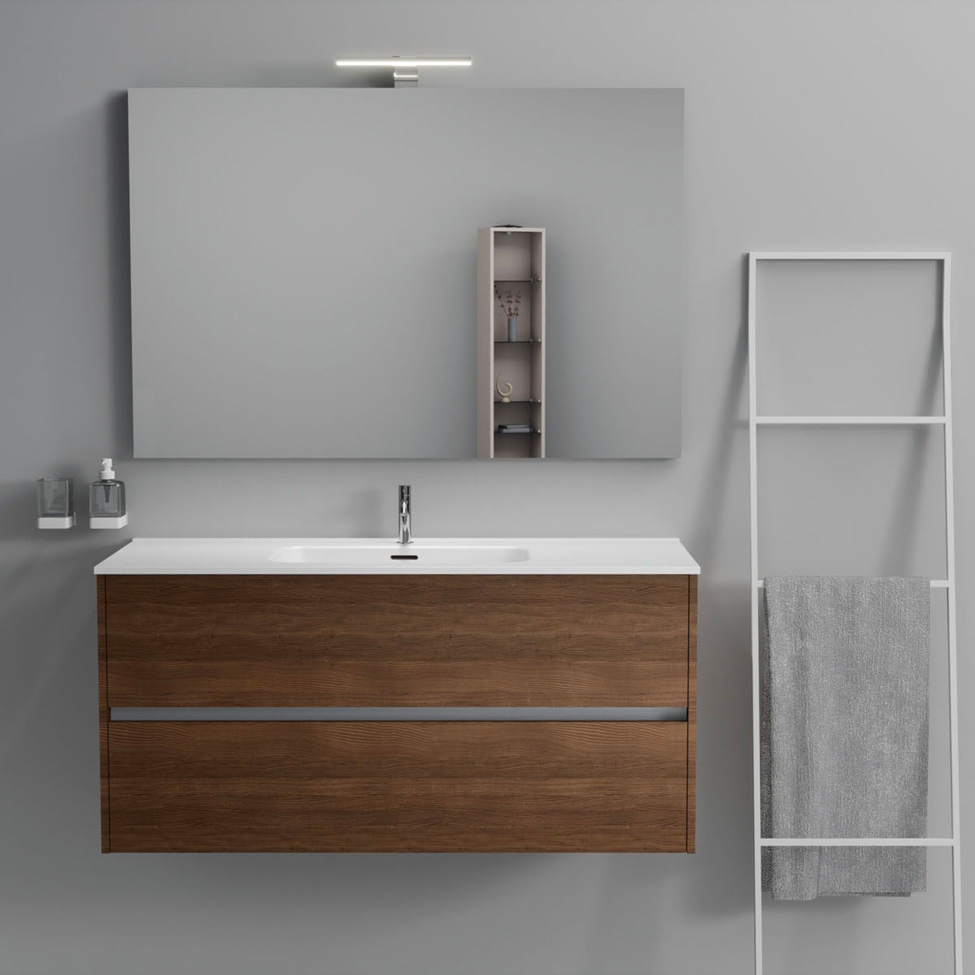 Inda - Mobile bagno 2 cassetti L.120 con lavabo specchio e lampada - Rovere castano