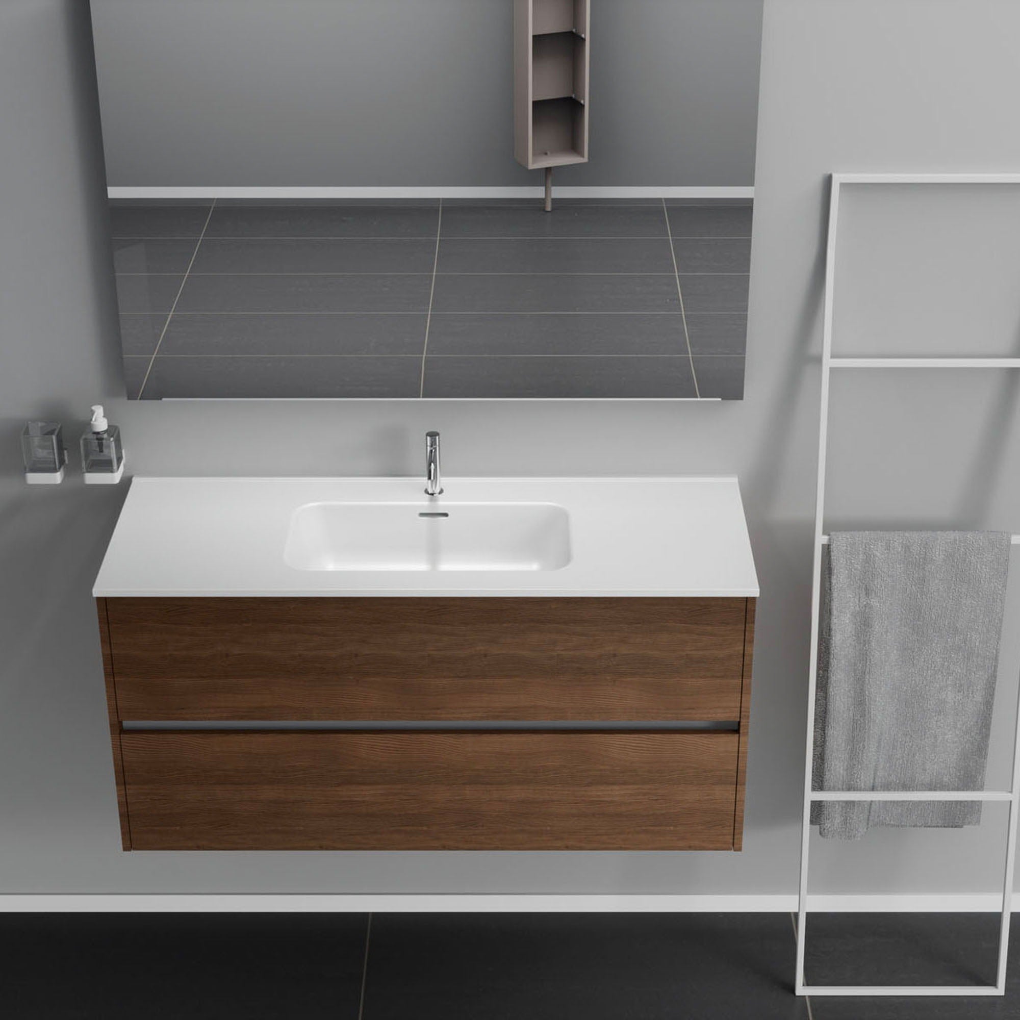Inda - Mobile bagno 2 cassetti L.120 con lavabo specchio e lampada - Rovere castano