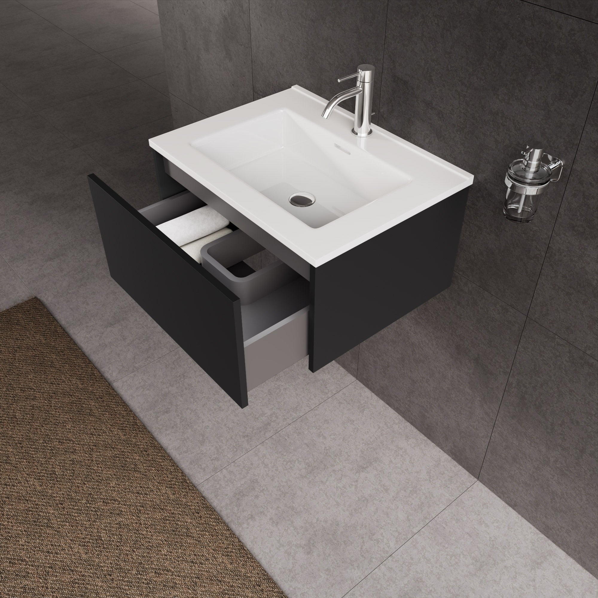 Inda - Mobile bagno L.60 con lavabo lucido / Nero opaco 1 cassetto - Diamante
