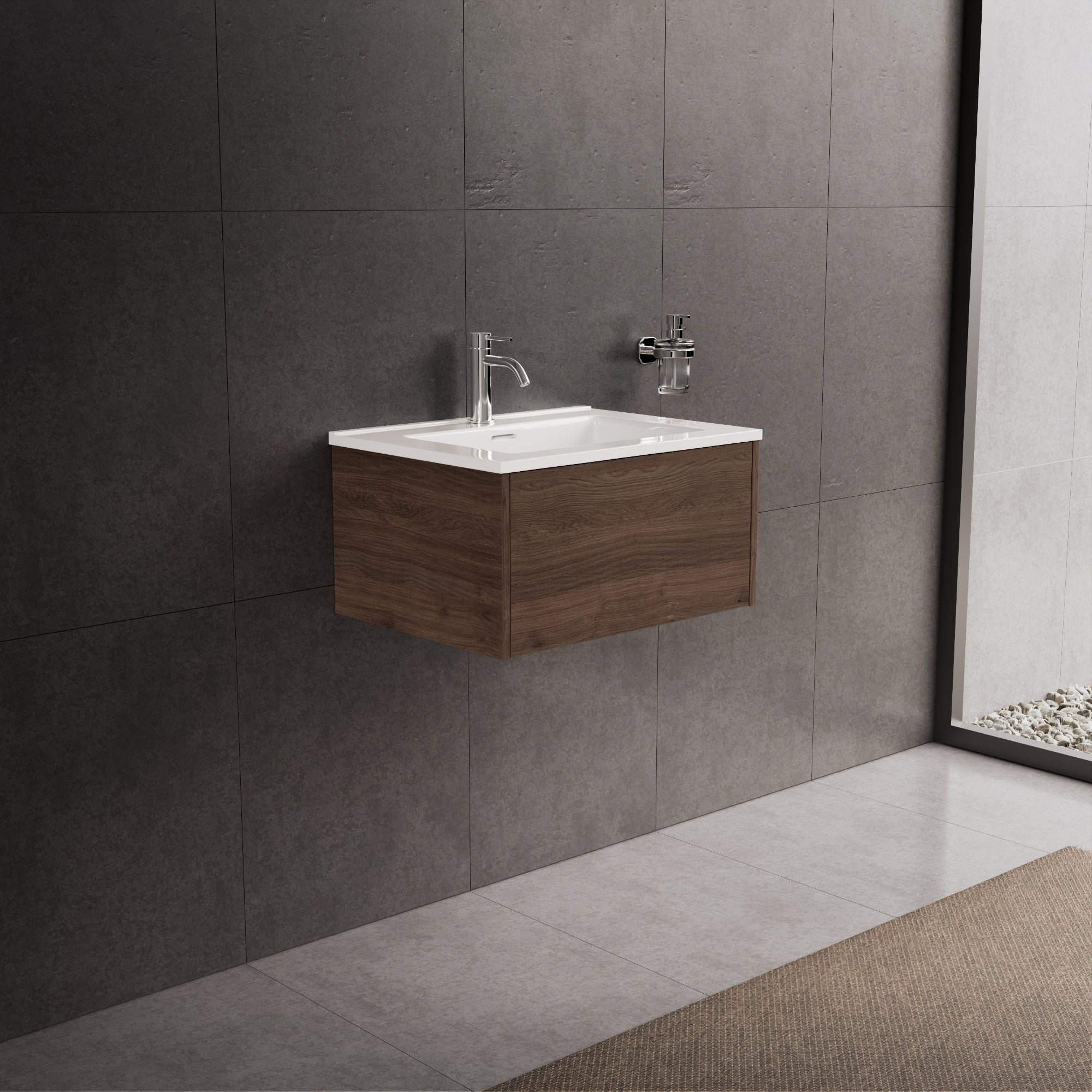 Inda - Mobile bagno L.60 con lavabo lucido / Rovere castano 1 cassetto - Diamante
