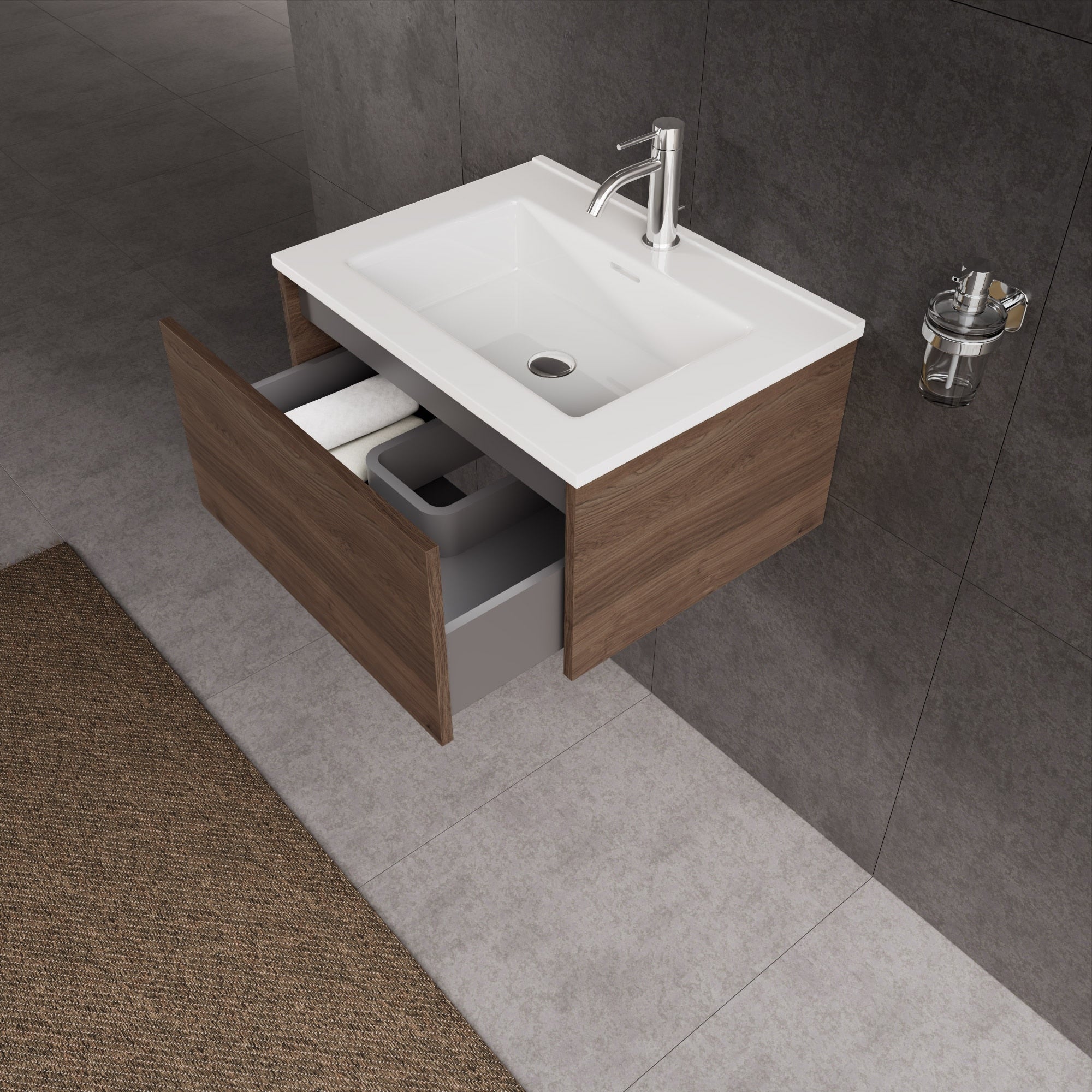 Inda - Mobile bagno L.60 con lavabo lucido / Rovere castano 1 cassetto - Diamante