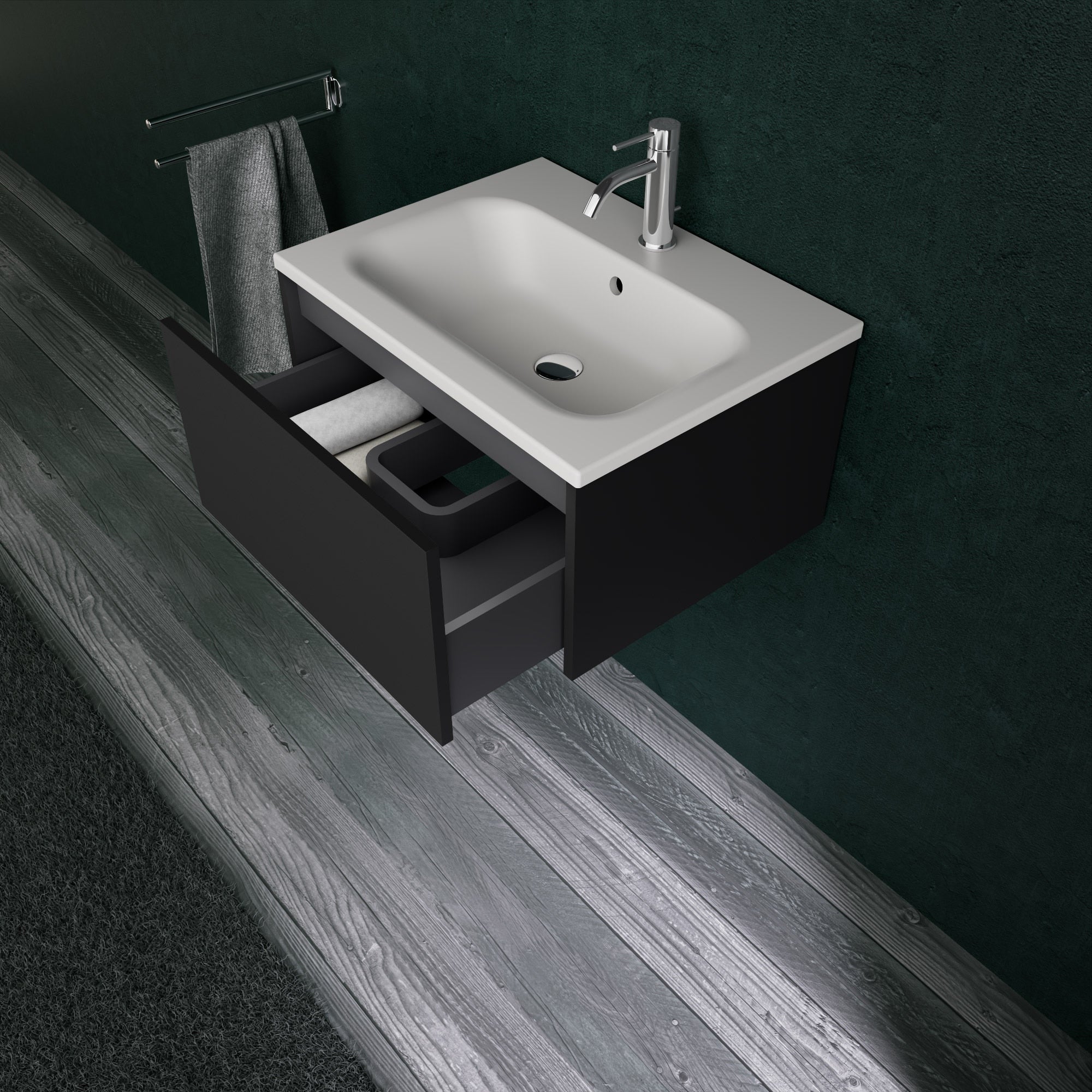 Inda - Mobile bagno L.60 con lavabo opaco / Nero opaco 1 cassetto - Diamante
