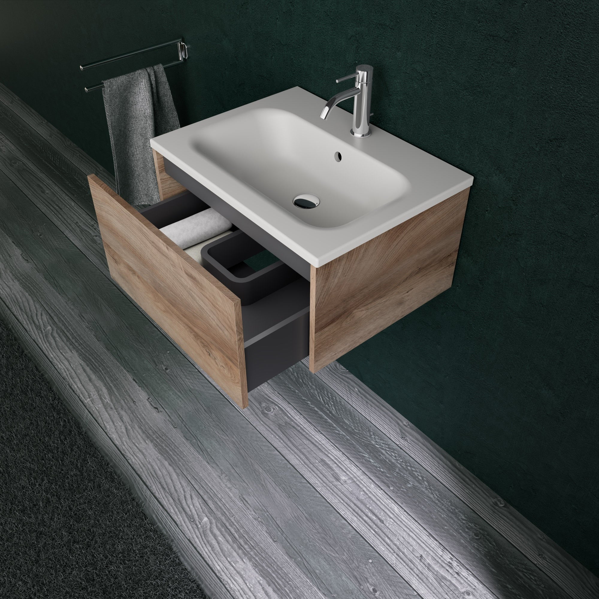 Inda - Mobile bagno L.60 con lavabo opaco / Rovere naturale 1 cassetto - Diamante