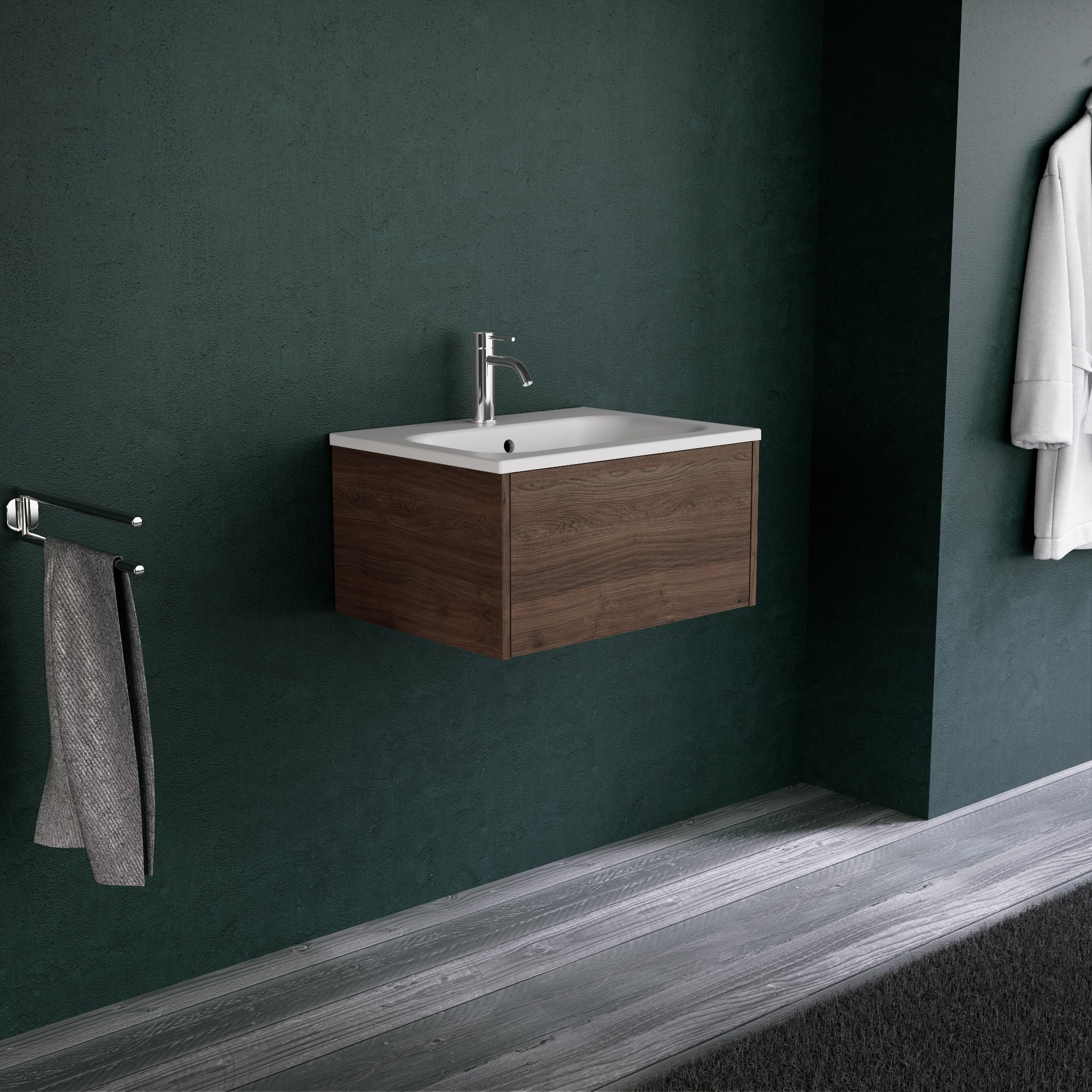 Inda - Mobile bagno L.60 con lavabo opaco / Rovere castano 1 cassetto - Diamante