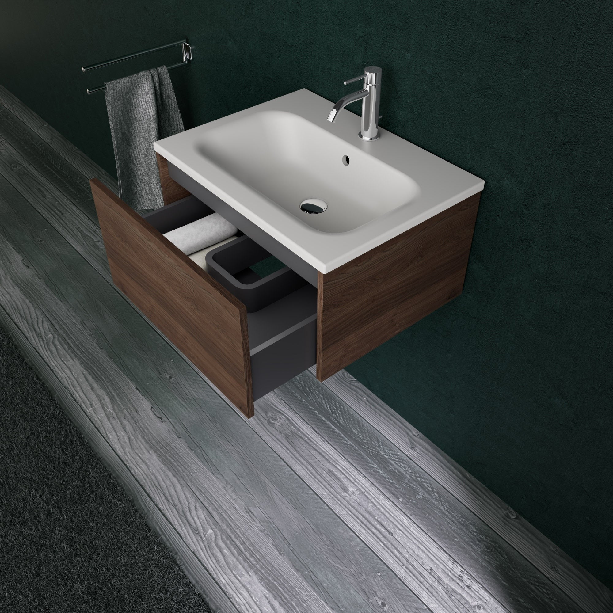 Inda - Mobile bagno L.60 con lavabo opaco / Rovere castano 1 cassetto - Diamante
