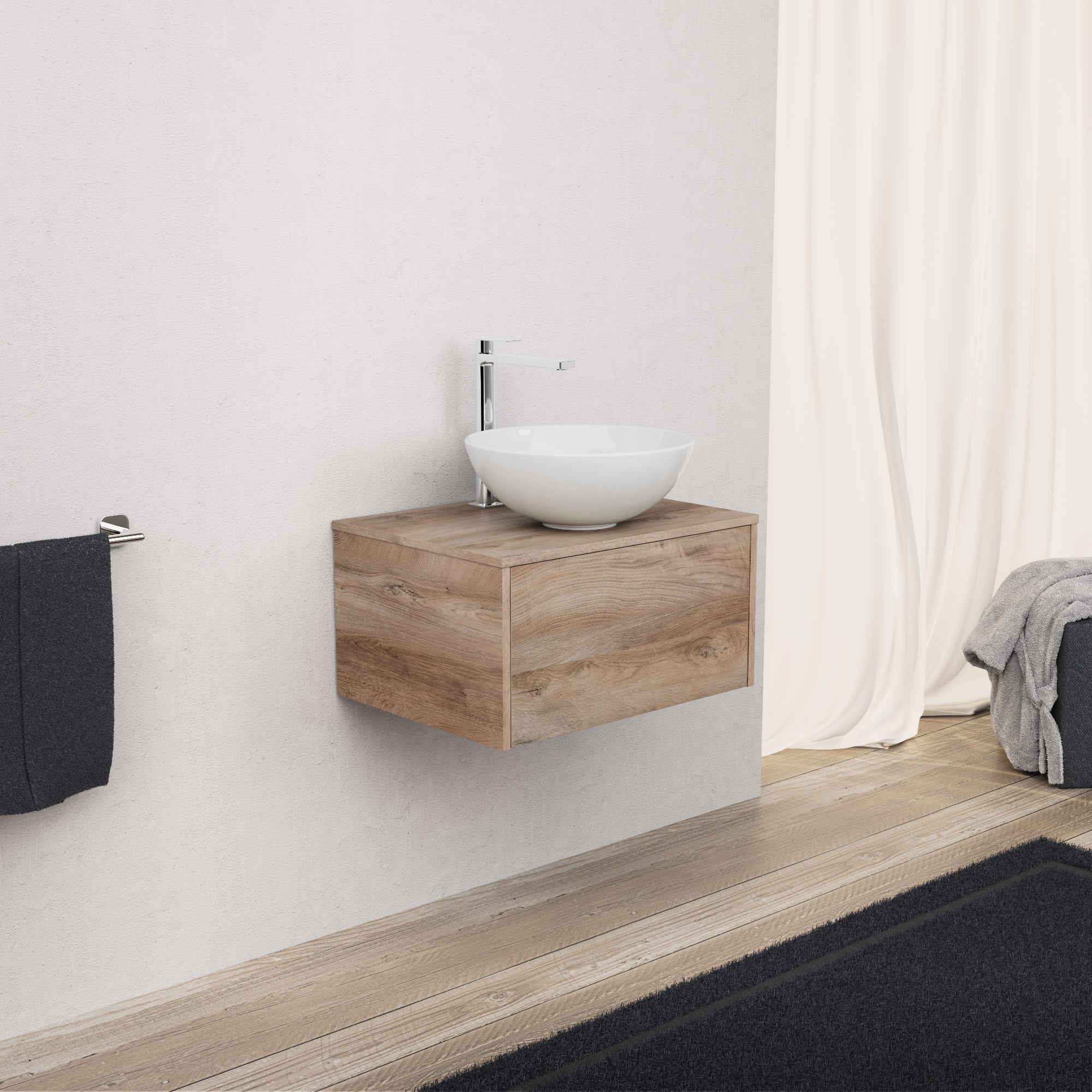 Inda - Mobile bagno L.60 con lavabo in appoggio / Rovere naturale 1 cassetto - Diamante