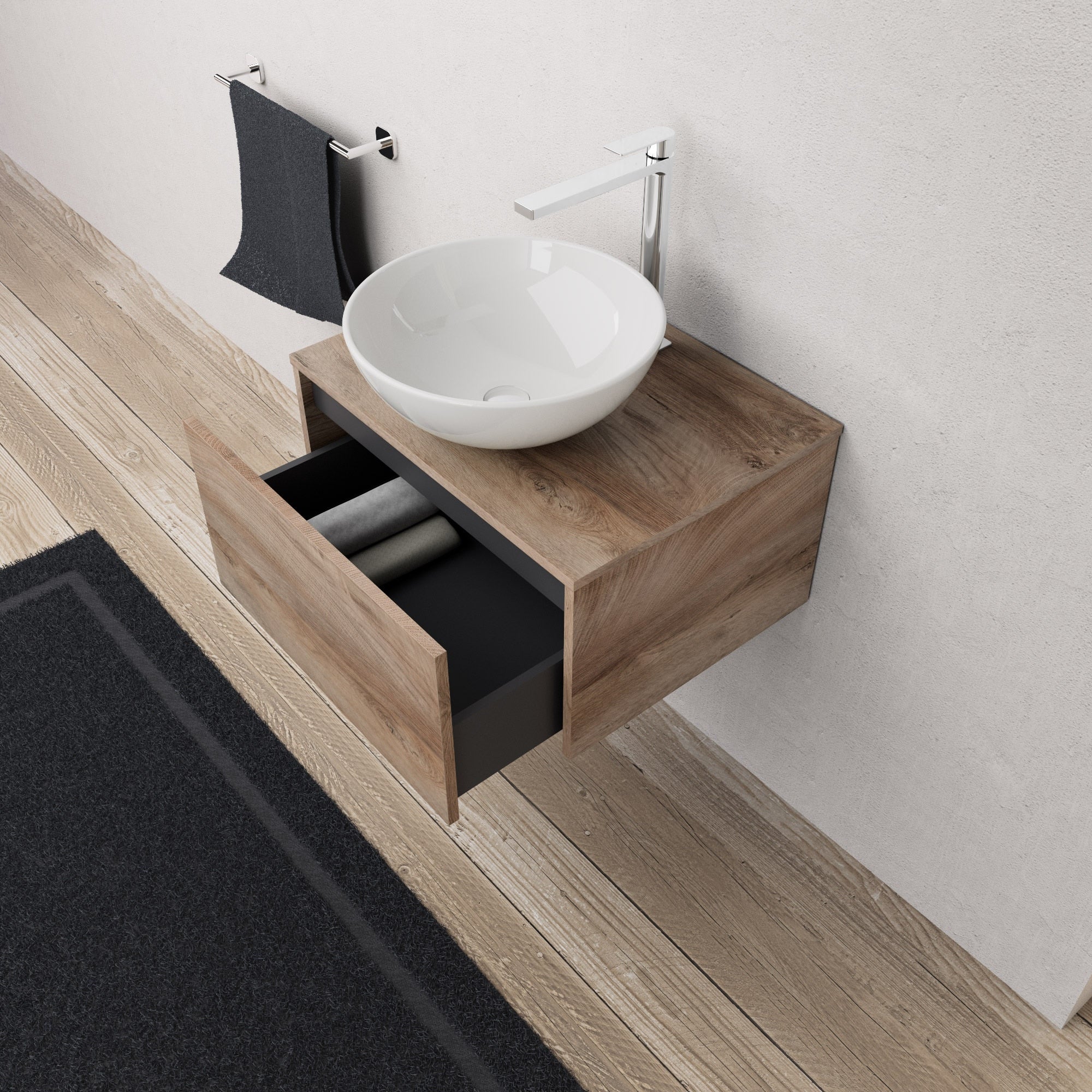 Inda - Mobile bagno L.60 con lavabo in appoggio / Rovere naturale 1 cassetto - Diamante