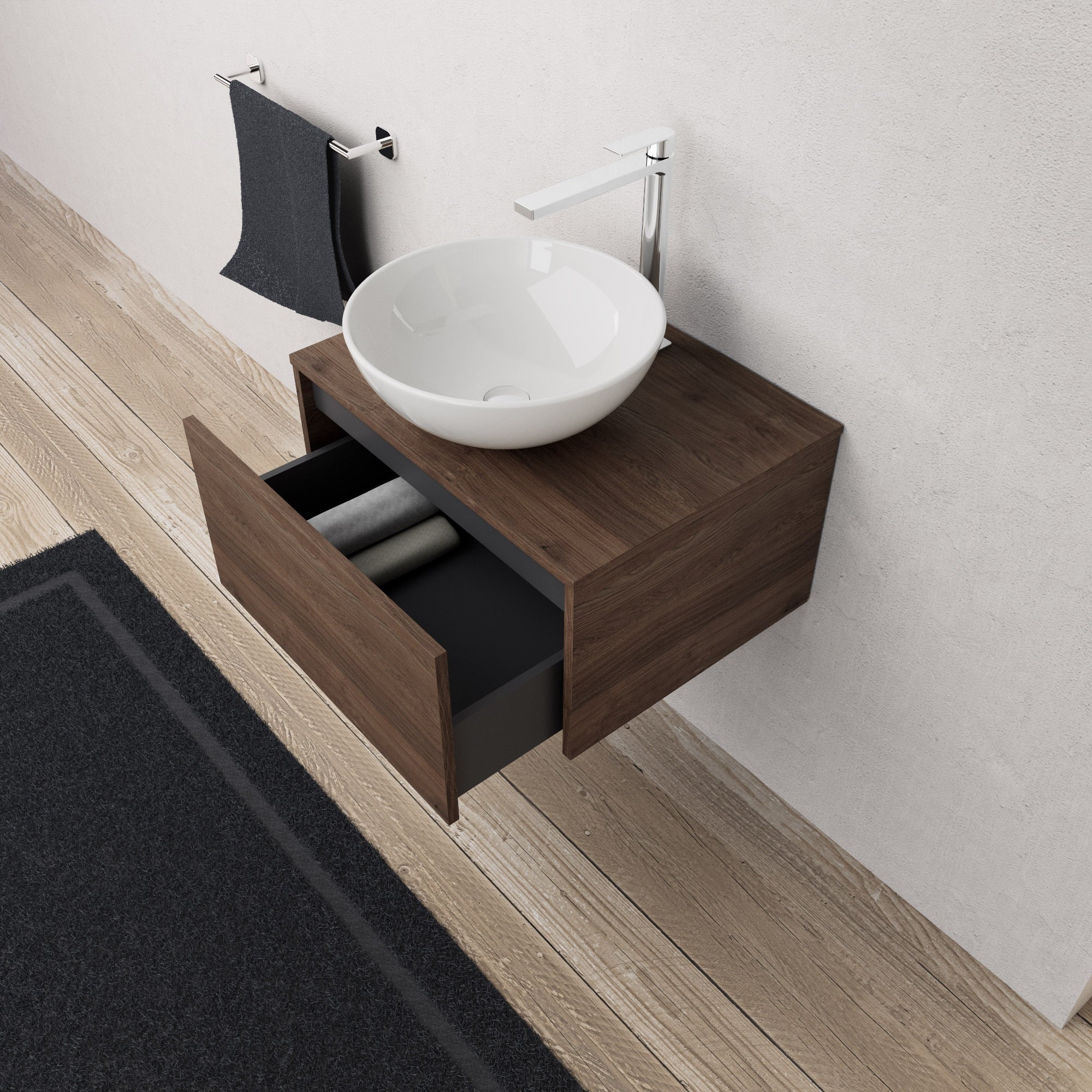 Inda - Mobile bagno L.60 con lavabo in appoggio / Rovere castano 1 cassetto - Diamante