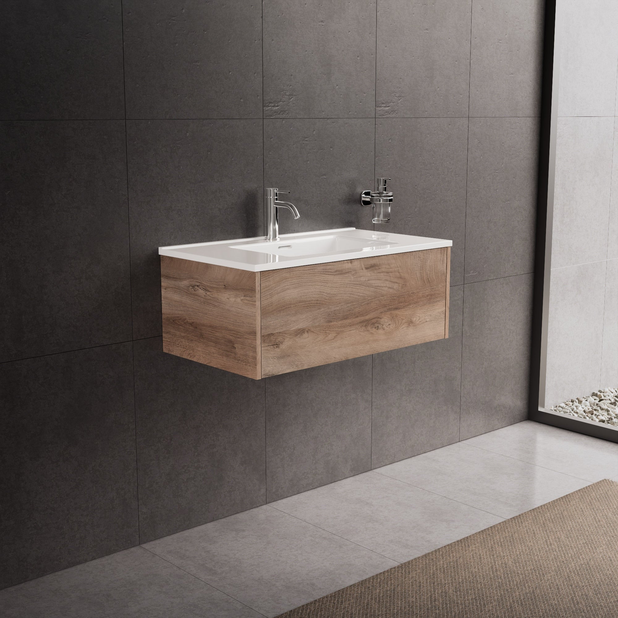 Inda - Mobile bagno L.80 con lavabo lucido / Rovere naturale 1 cassetto - Diamante
