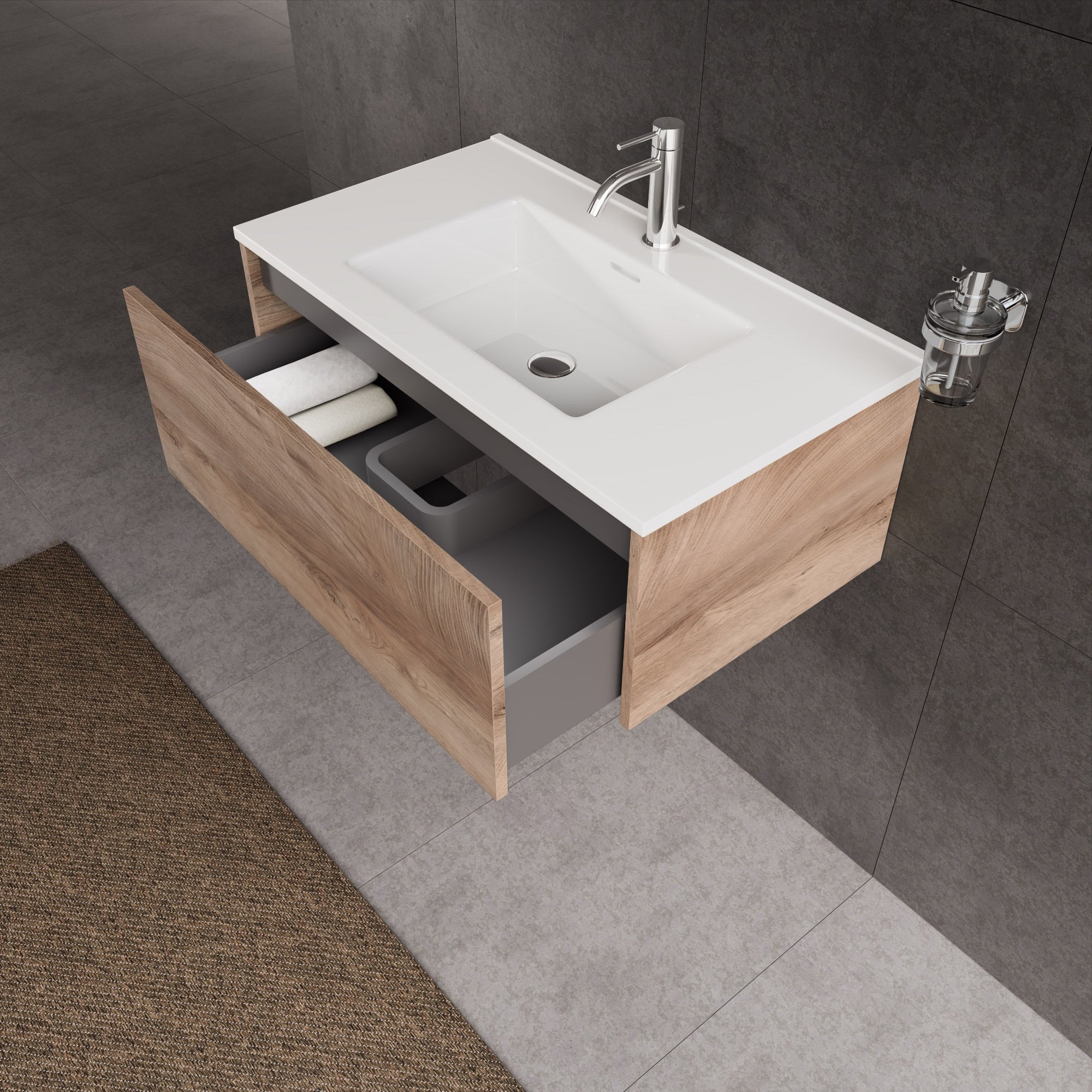 Inda - Mobile bagno L.80 con lavabo lucido / Rovere naturale 1 cassetto - Diamante