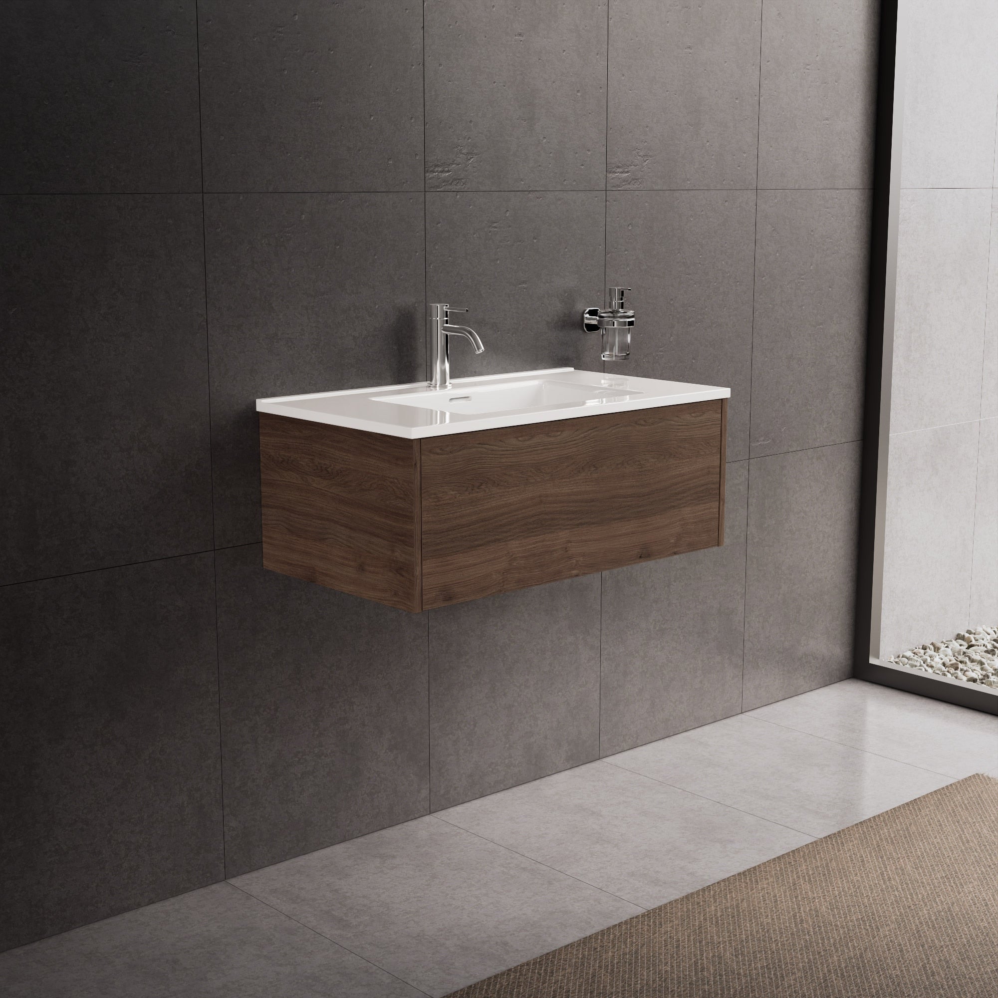 Inda - Mobile bagno L.80 con lavabo lucido / Rovere castano 1 cassetto - Diamante
