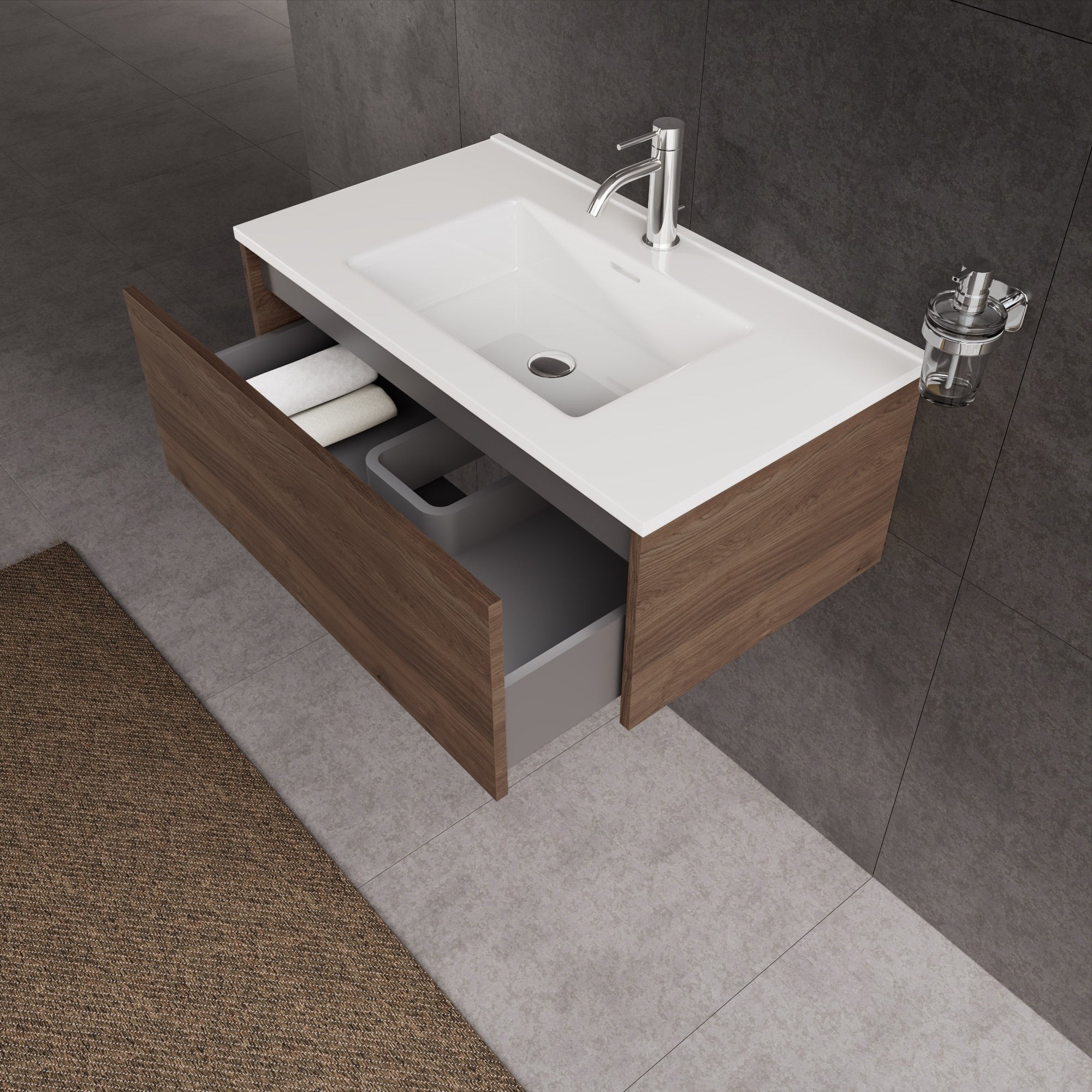 Inda - Mobile bagno L.80 con lavabo lucido / Rovere castano 1 cassetto - Diamante