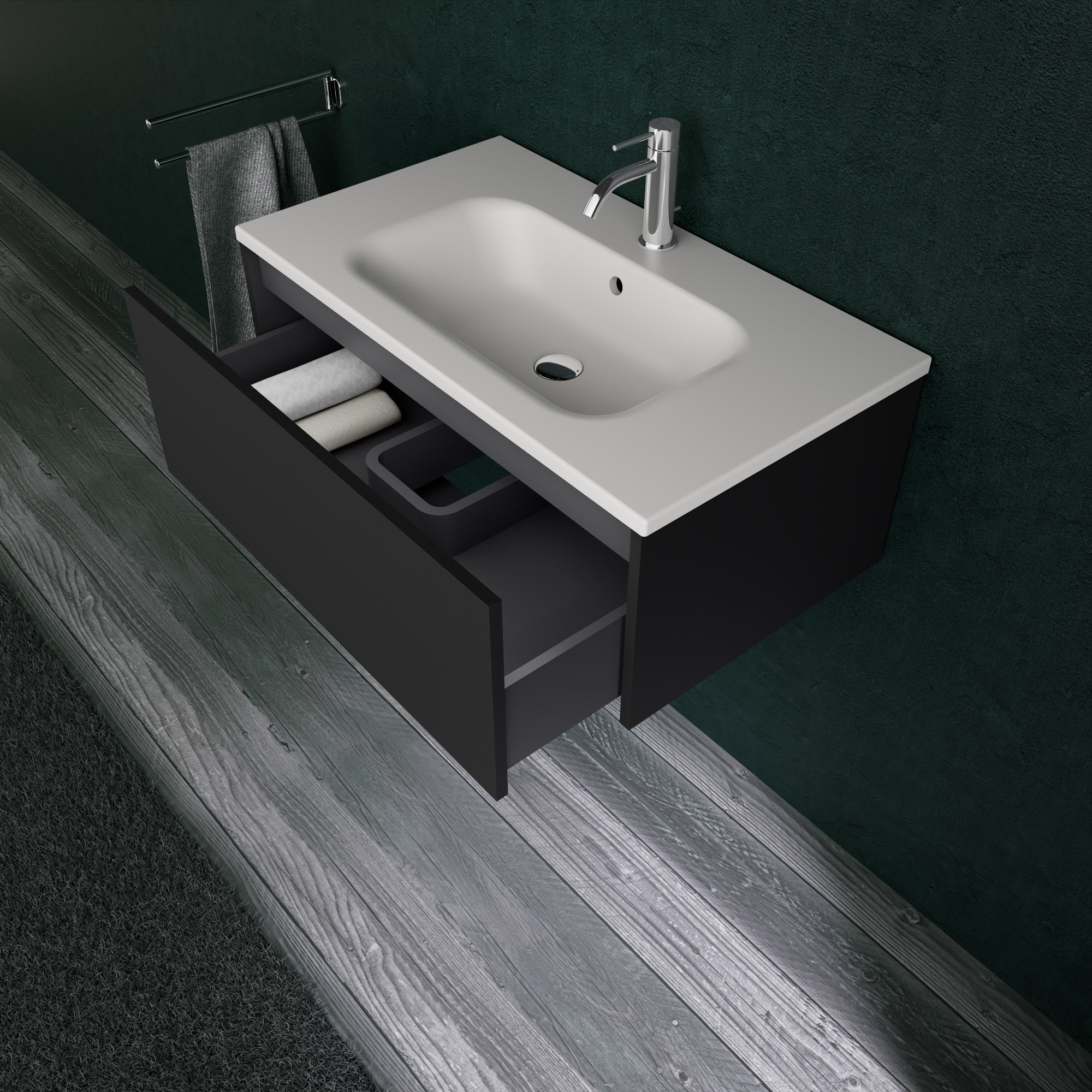 Inda - Mobile bagno L.80 con lavabo opaco / Nero opaco 1 cassetto - Diamante