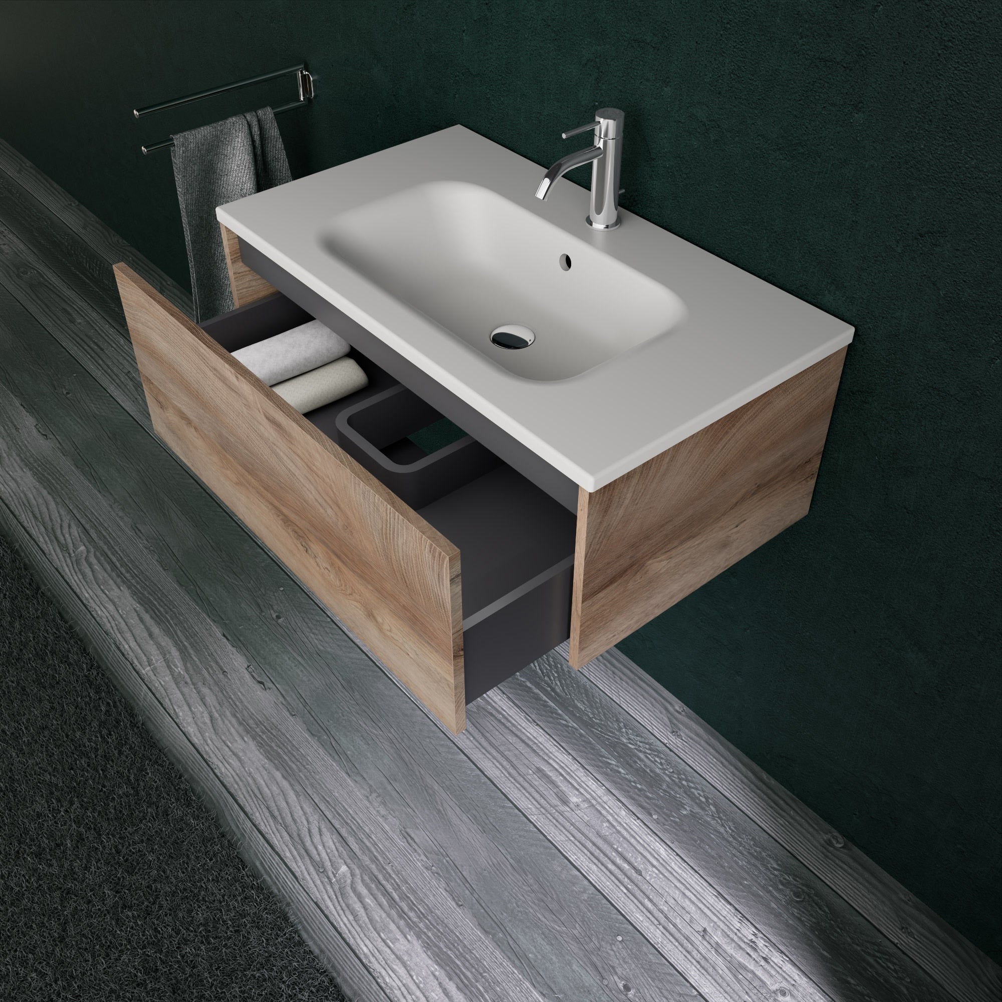 Inda - Mobile bagno L.80 con lavabo opaco / Rovere naturale 1 cassetto - Diamante
