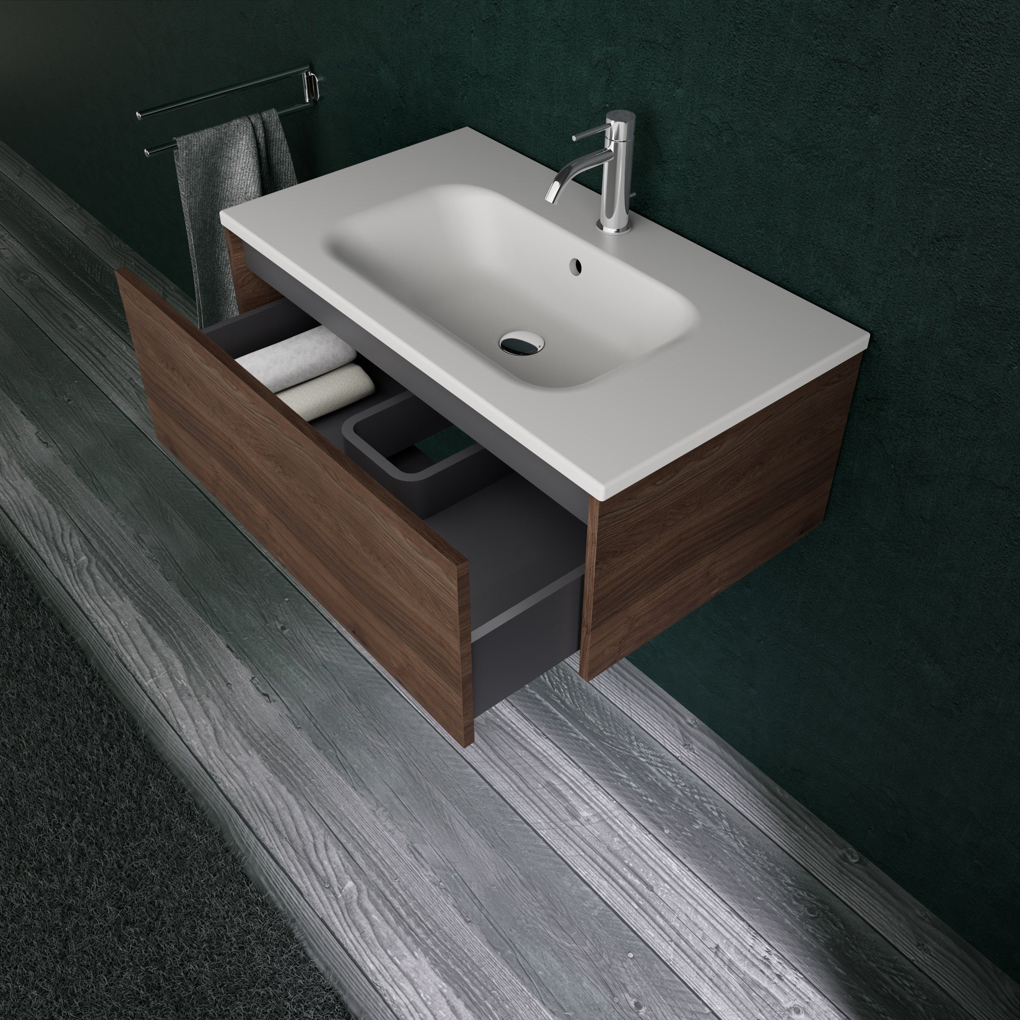 Inda - Mobile bagno L.80 con lavabo opaco / Rovere castano 1 cassetto - Diamante