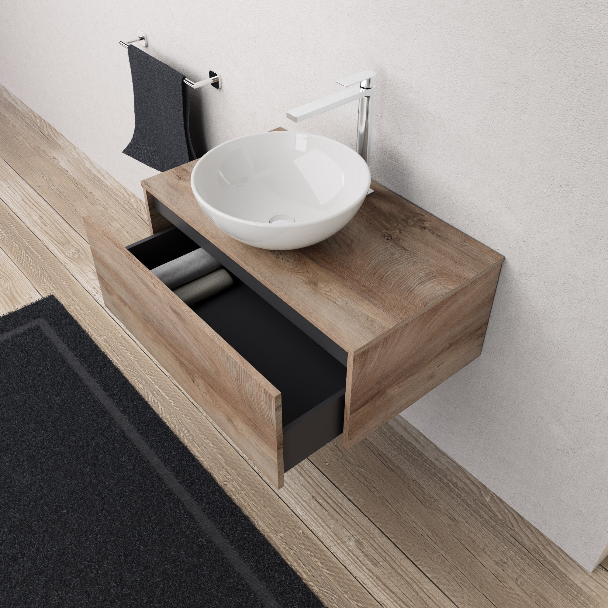 Inda - Mobile bagno L.80 con lavabo in appoggio / Rovere naturale 1 cassetto - Diamante
