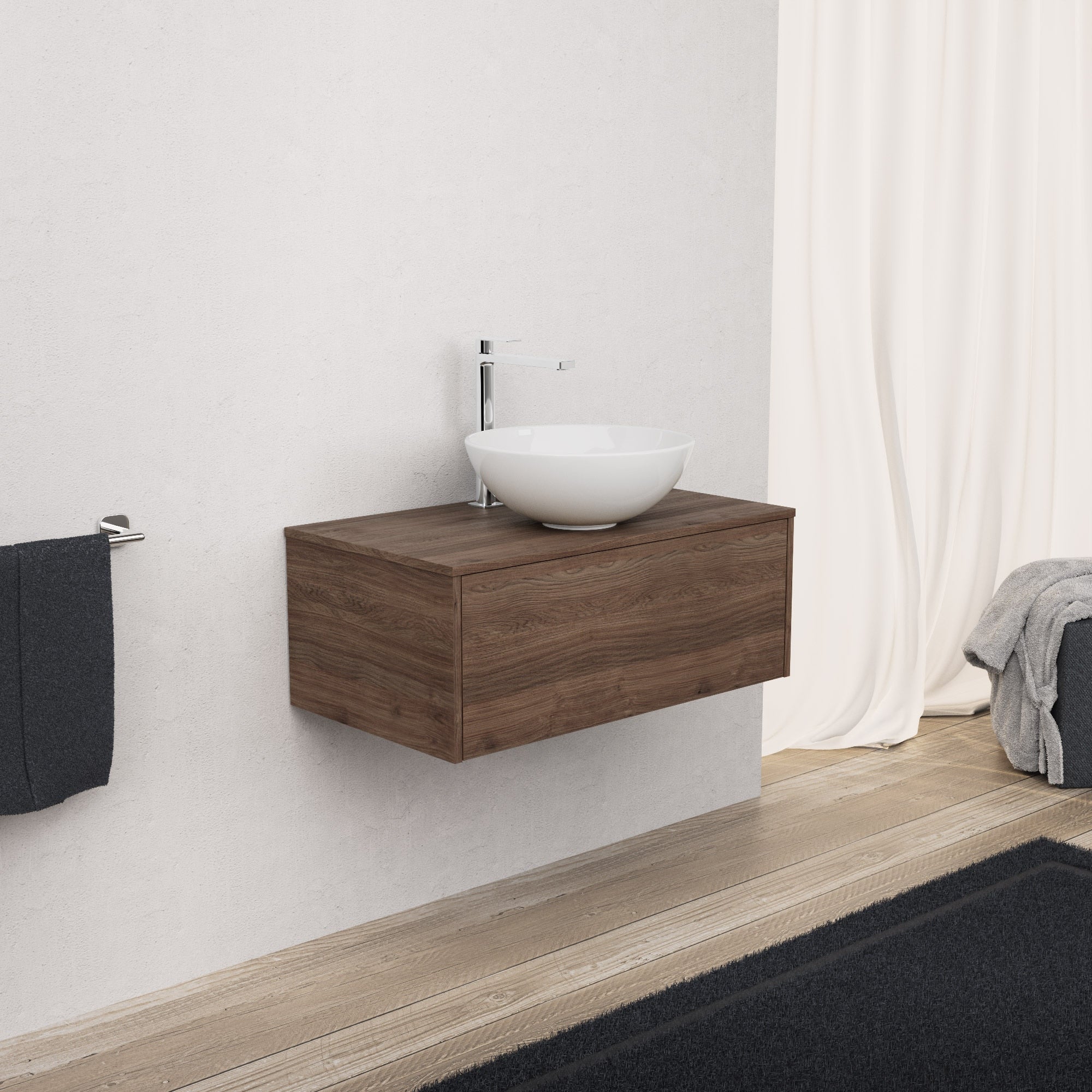 Inda - Mobile bagno L.80 con lavabo in appoggio / Rovere castano 1 cassetto - Diamante