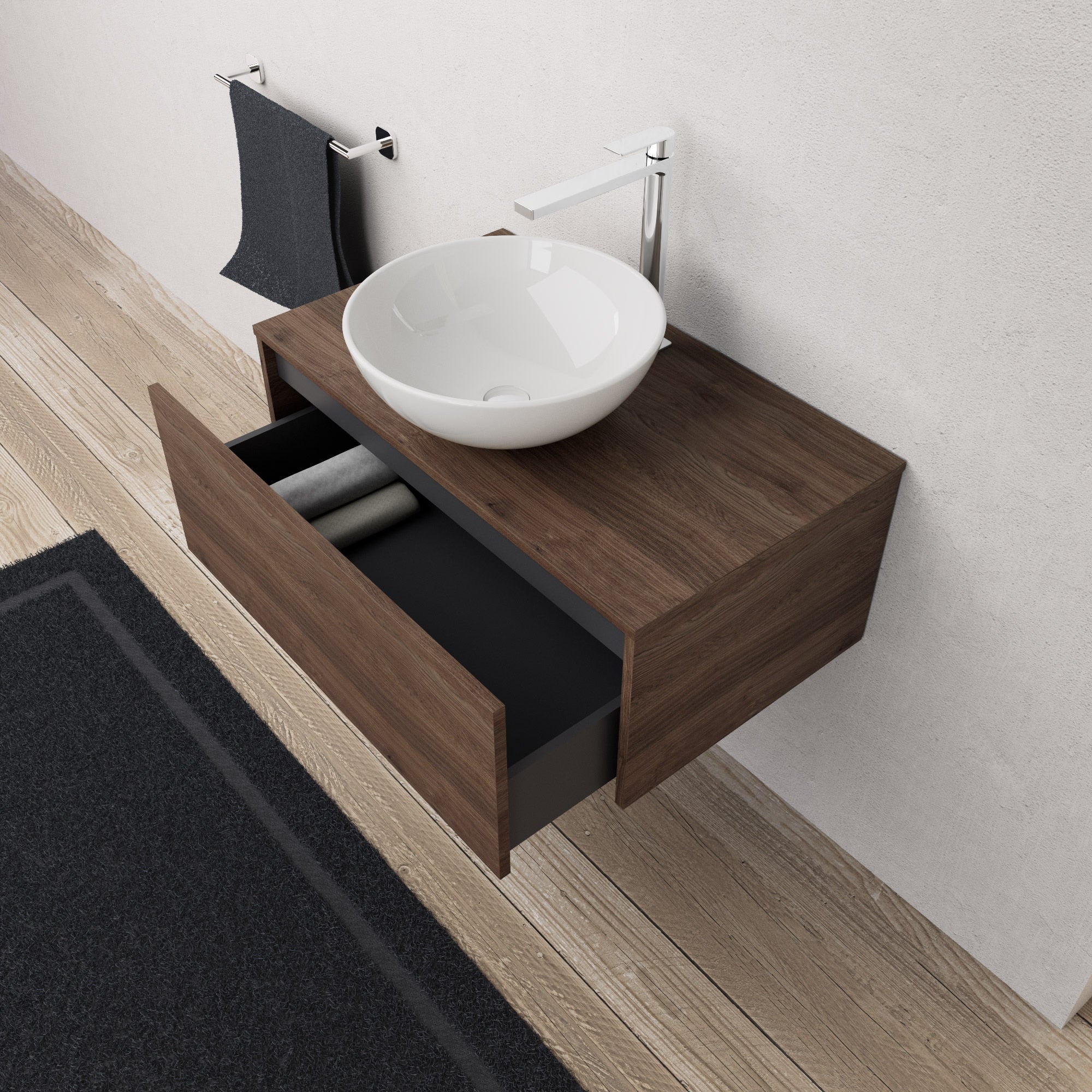 Inda - Mobile bagno L.80 con lavabo in appoggio / Rovere castano 1 cassetto - Diamante