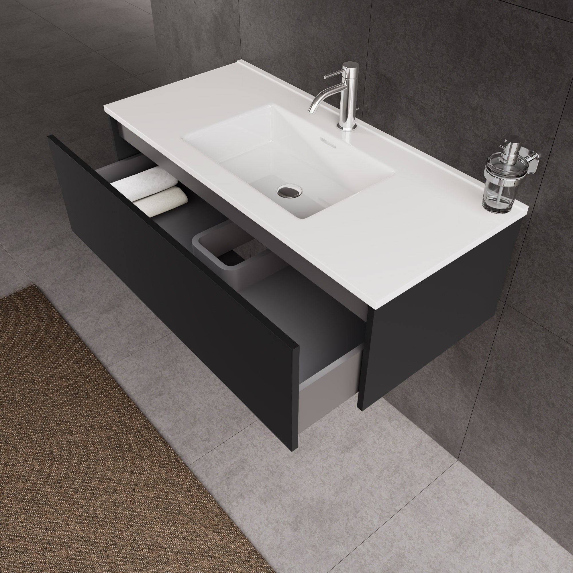 Inda - Mobile bagno L.100 con lavabo lucido / Nero opaco 1 cassetto - Diamante