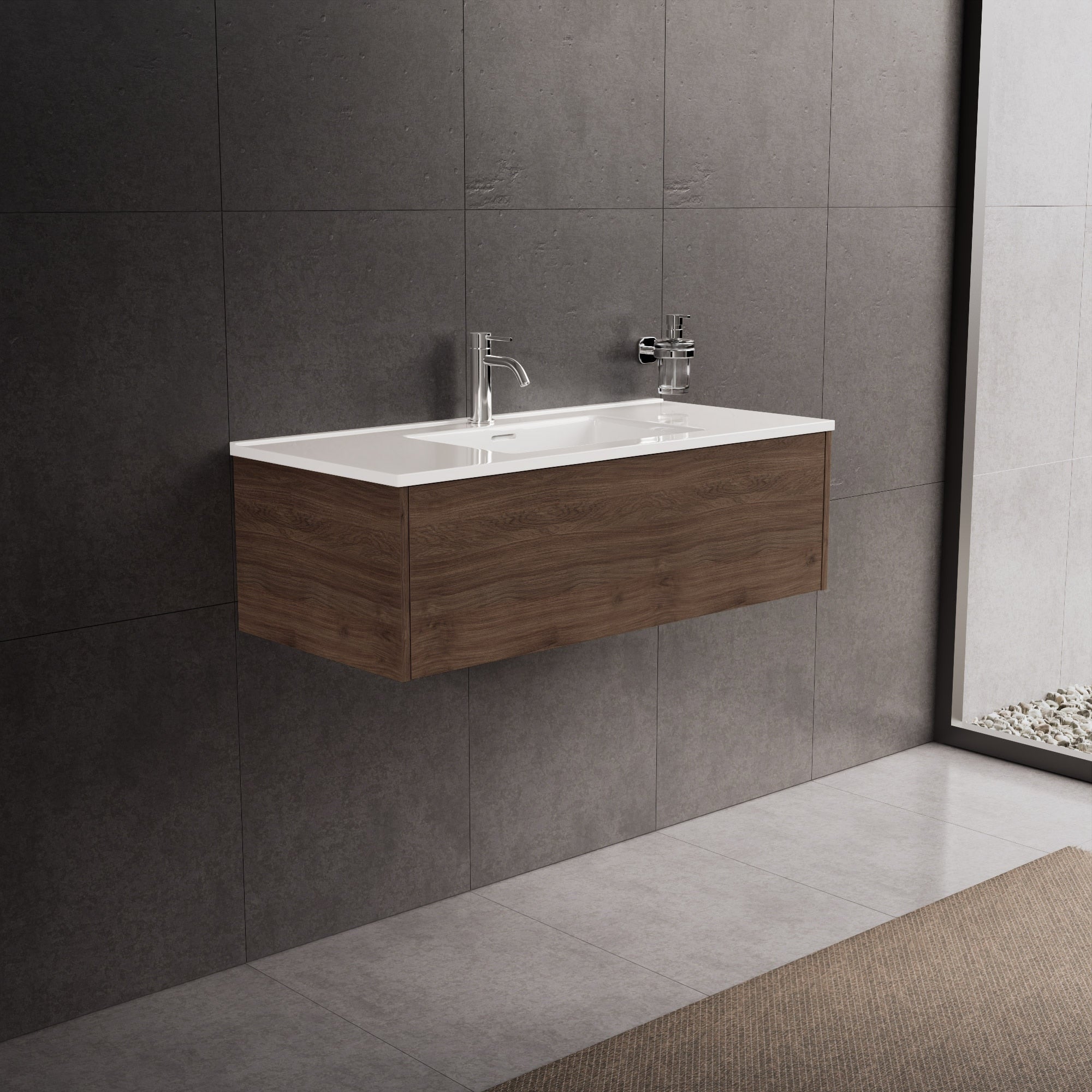 Inda - Mobile bagno L.100 con lavabo lucido / Rovere castano 1 cassetto - Diamante