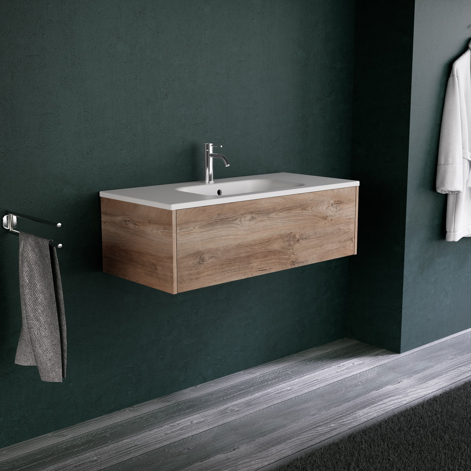 Inda - Mobile bagno L.100 con lavabo opaco / Rovere naturale 1 cassetto - Diamante
