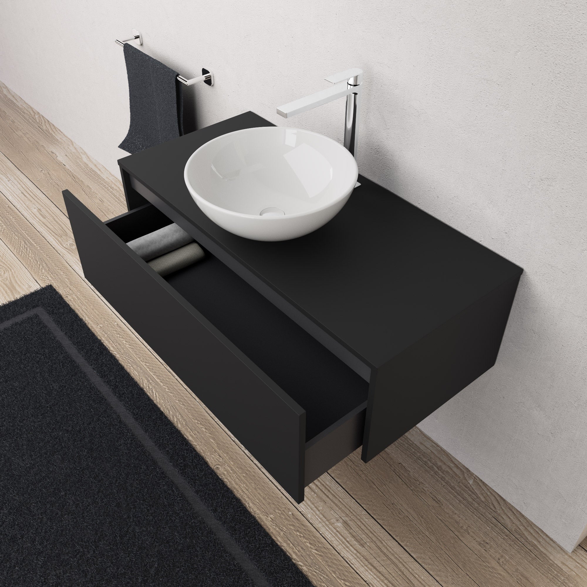 Inda - Mobile bagno L.100 con lavabo in appoggio / Nero opaco 1 cassetto - Diamante